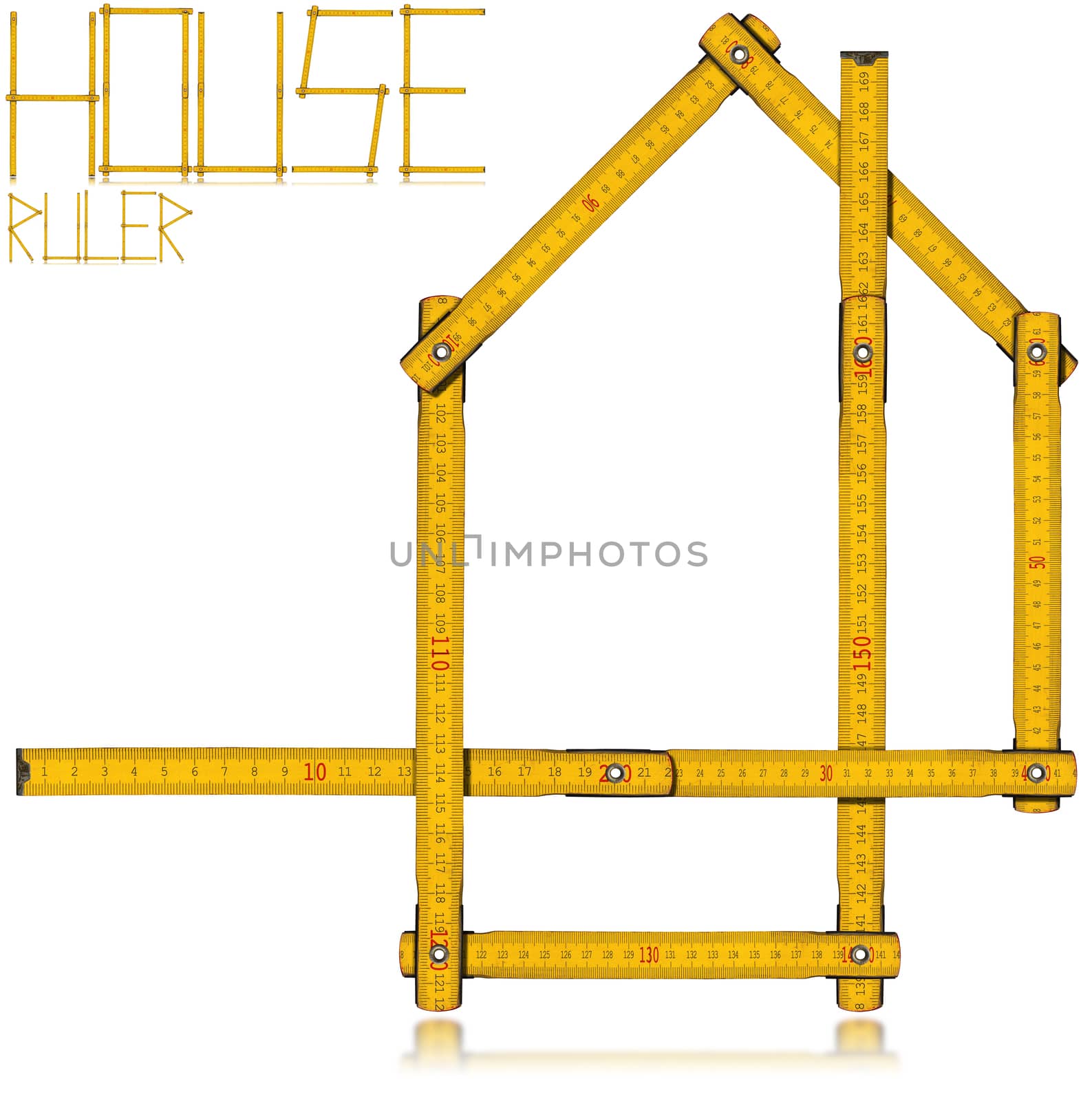 Wooden yellow meter in the shape of house with reflections, isolated on white background. Design house concept