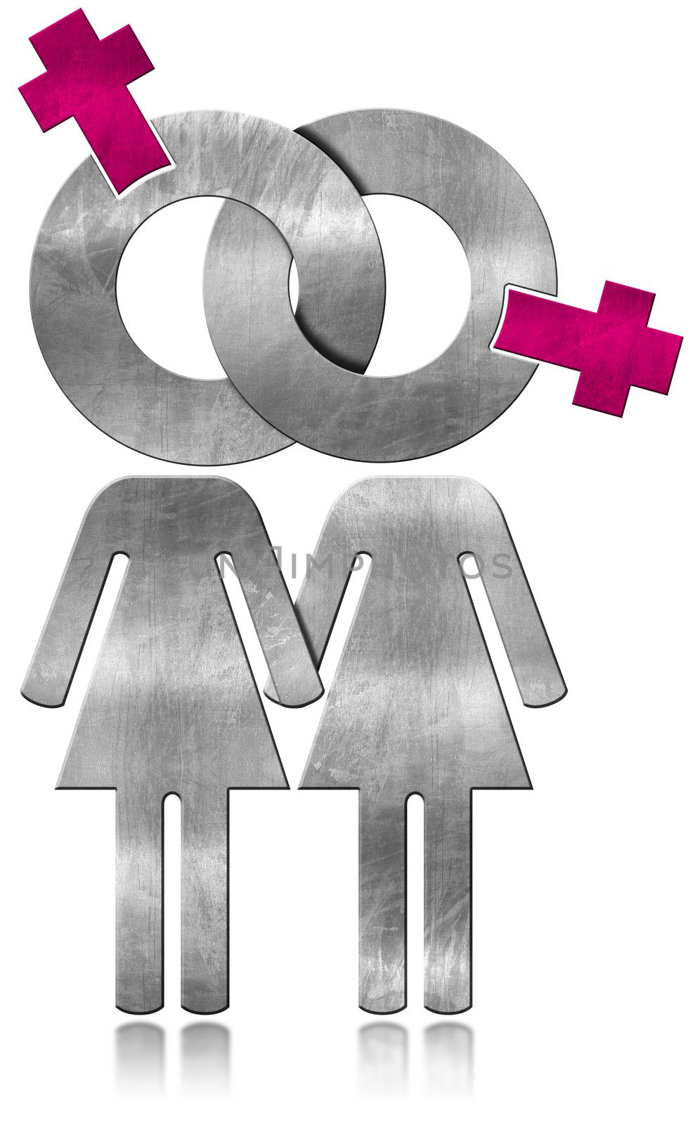 Metallic symbol with a lesbians couple holding hands, lesbian relationship concept. Isolated on white background