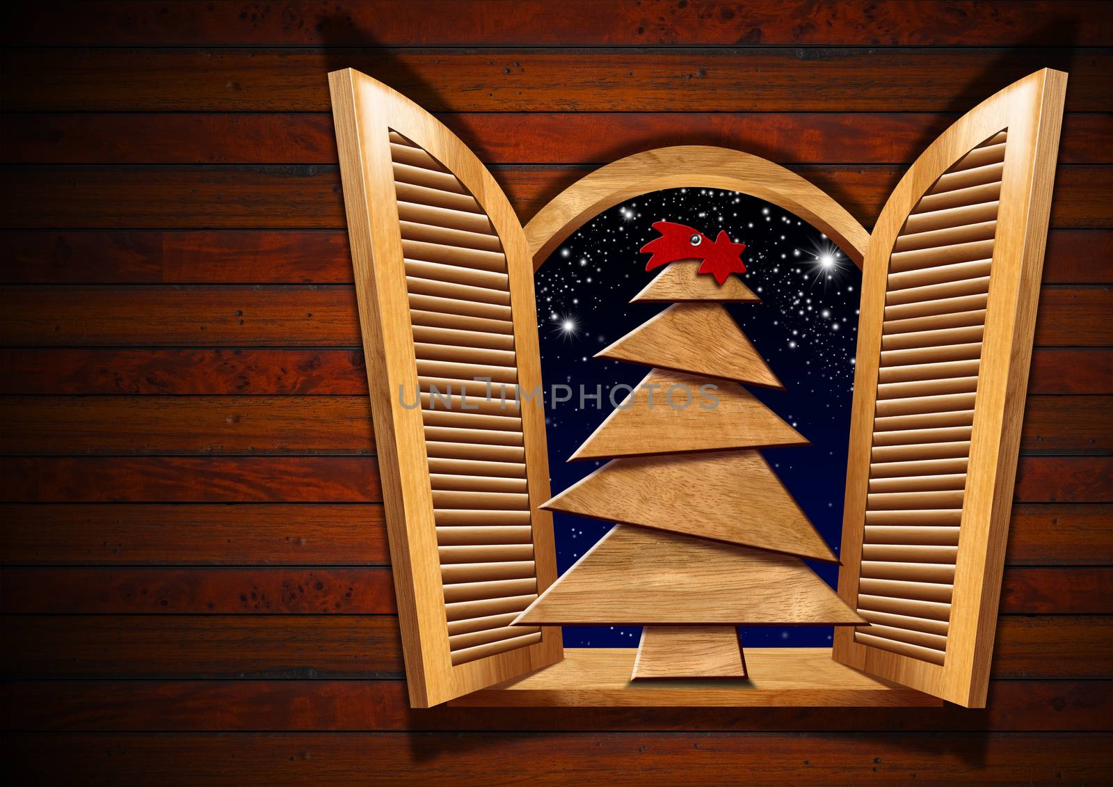 Wooden Christmas tree on the sill of an open window. Wooden wall with copy space