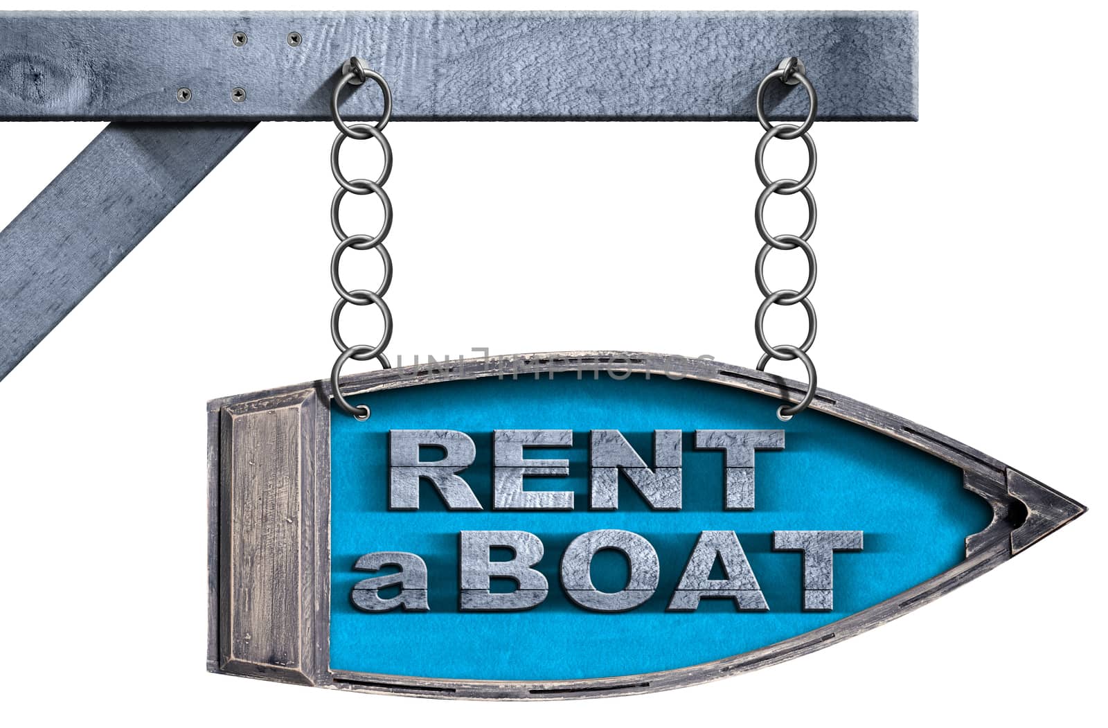Wooden directional sign in the shape of row boat with text Rent a Boat. Hanging from a metal chain, isolated on white