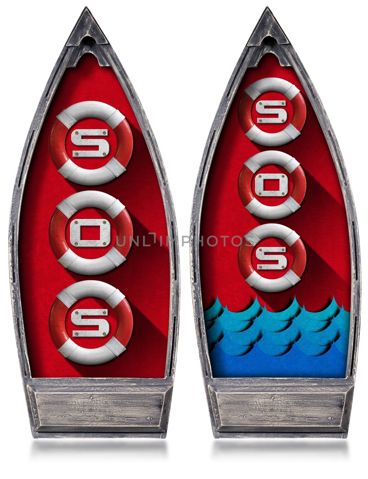 Rowboat with Lifebuoys and Text Sos by catalby