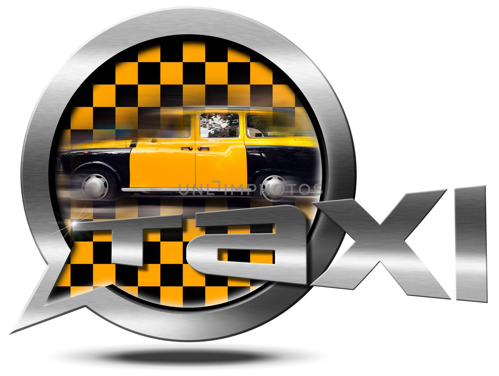 Icon or symbol in the shape of speech bubble with yellow and black Taxi in motion. Isolated on white background