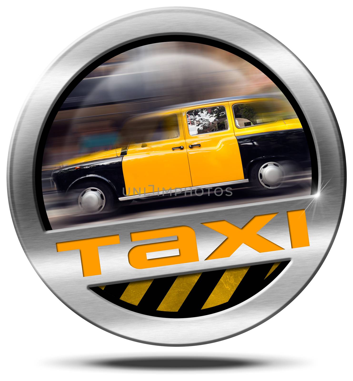 Round metal icon with yellow and black Taxi in motion. Isolated on white background