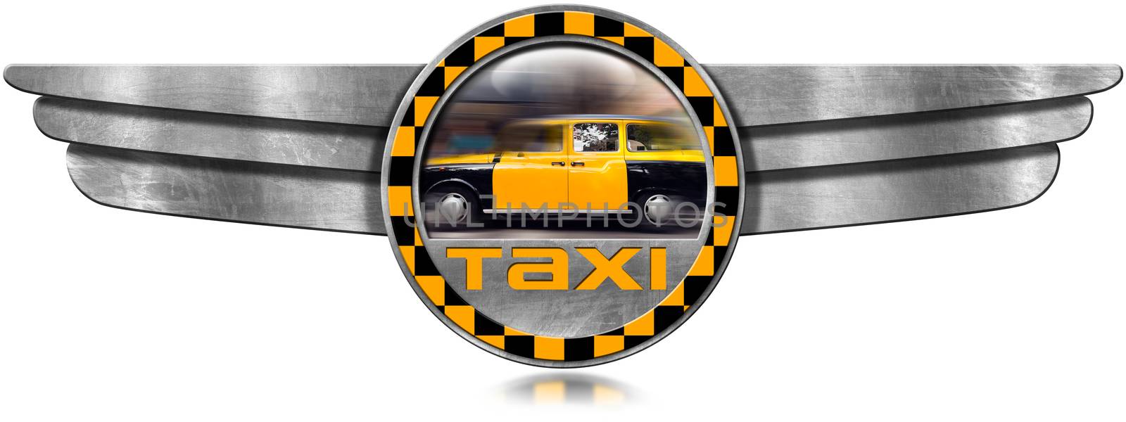 Round winged metal icon with yellow and black Taxi in motion. Isolated on white background