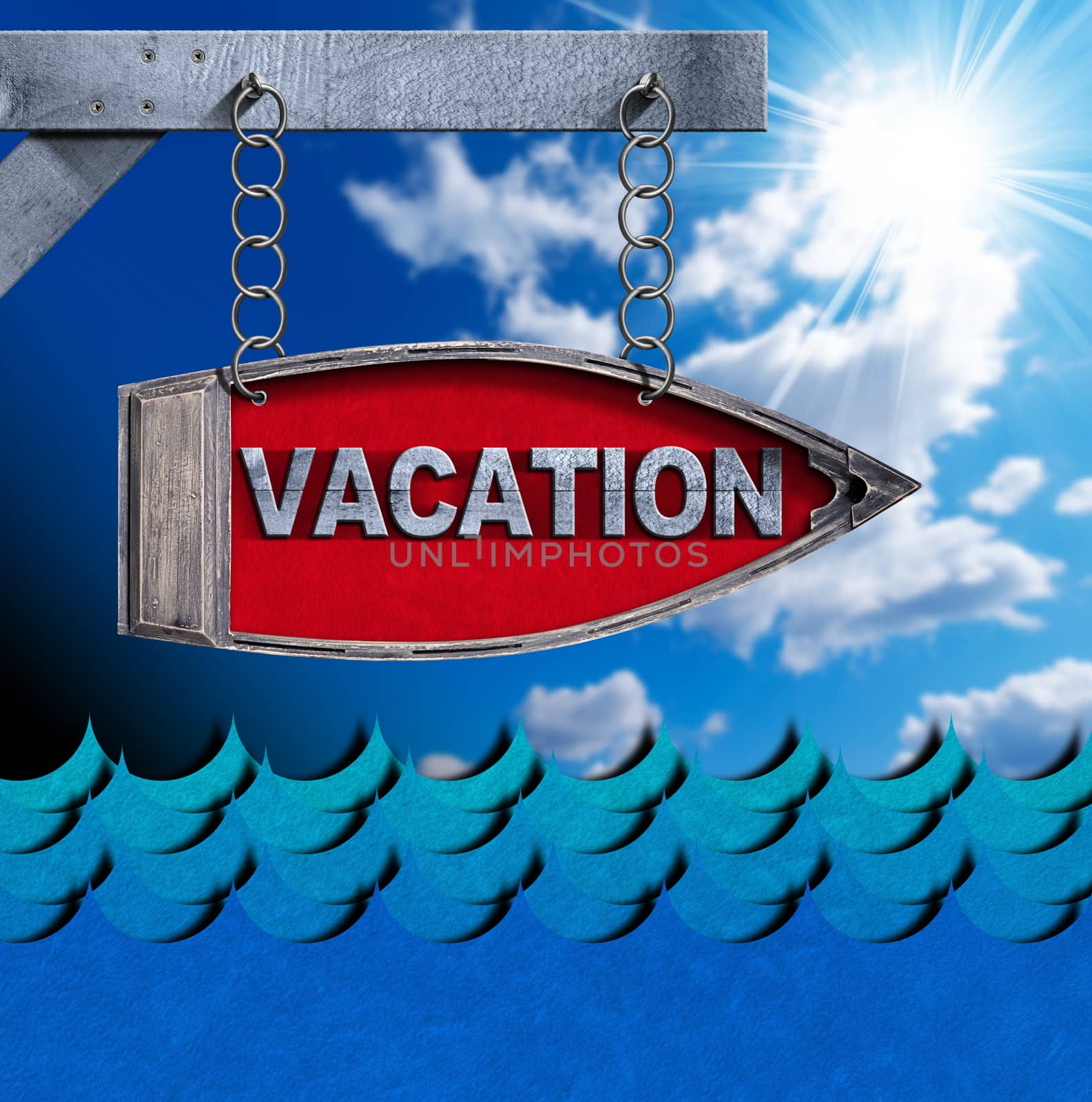 Directional sign in the shape of row boat with text Vacation on a blue sky with clouds, sun rays and waves