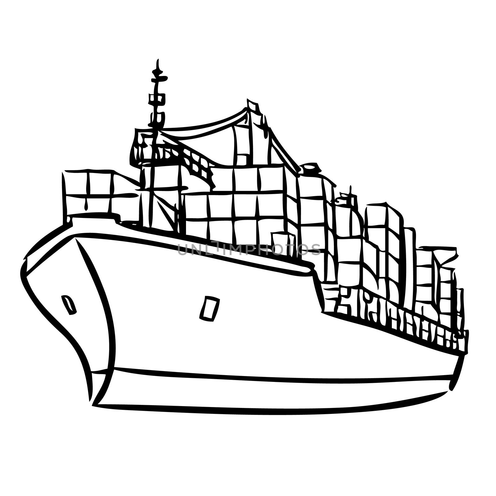 freehand sketch illustration of Cargo ship with containers icon, doodle hand drawn