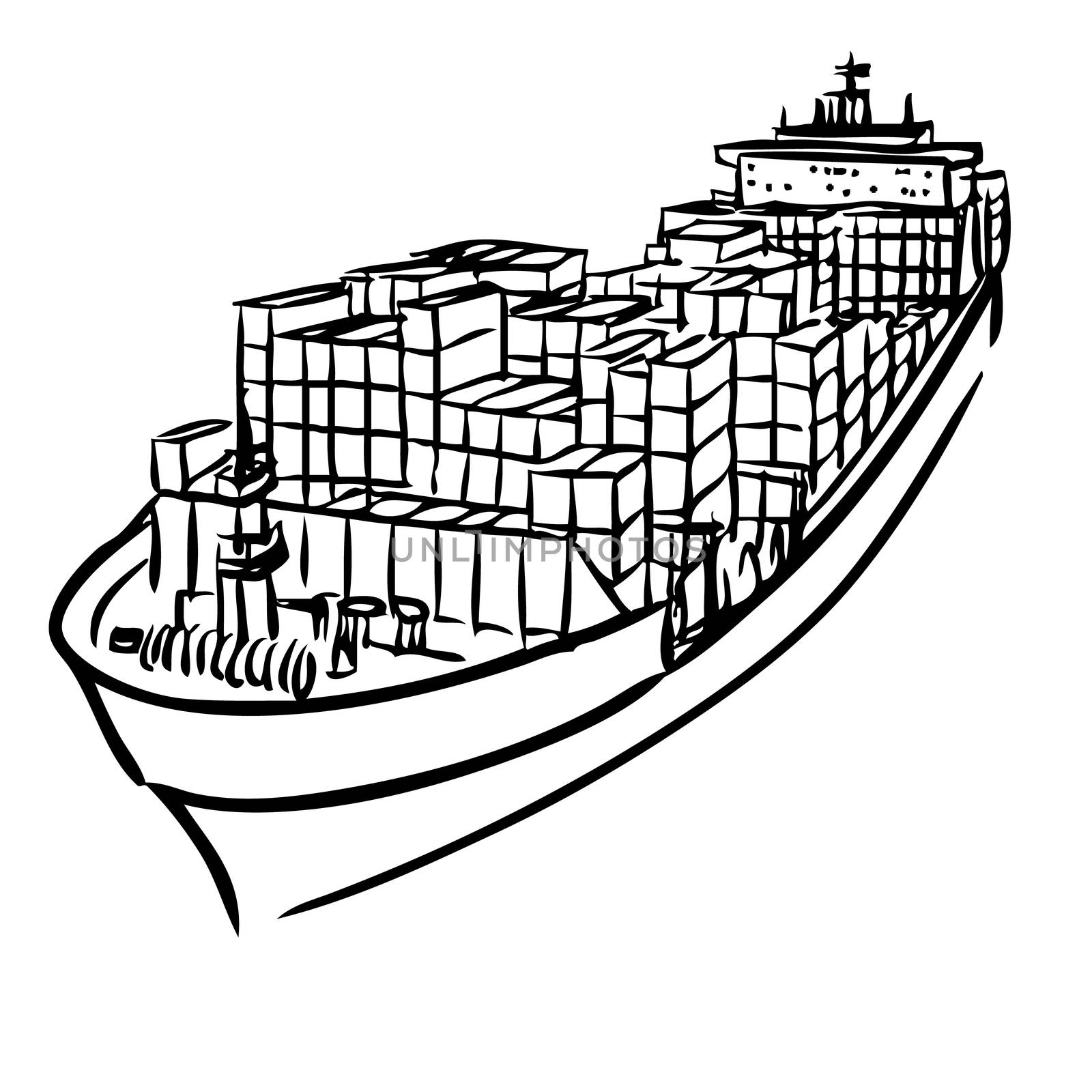 freehand sketch illustration of Cargo ship with containers icon, doodle hand drawn