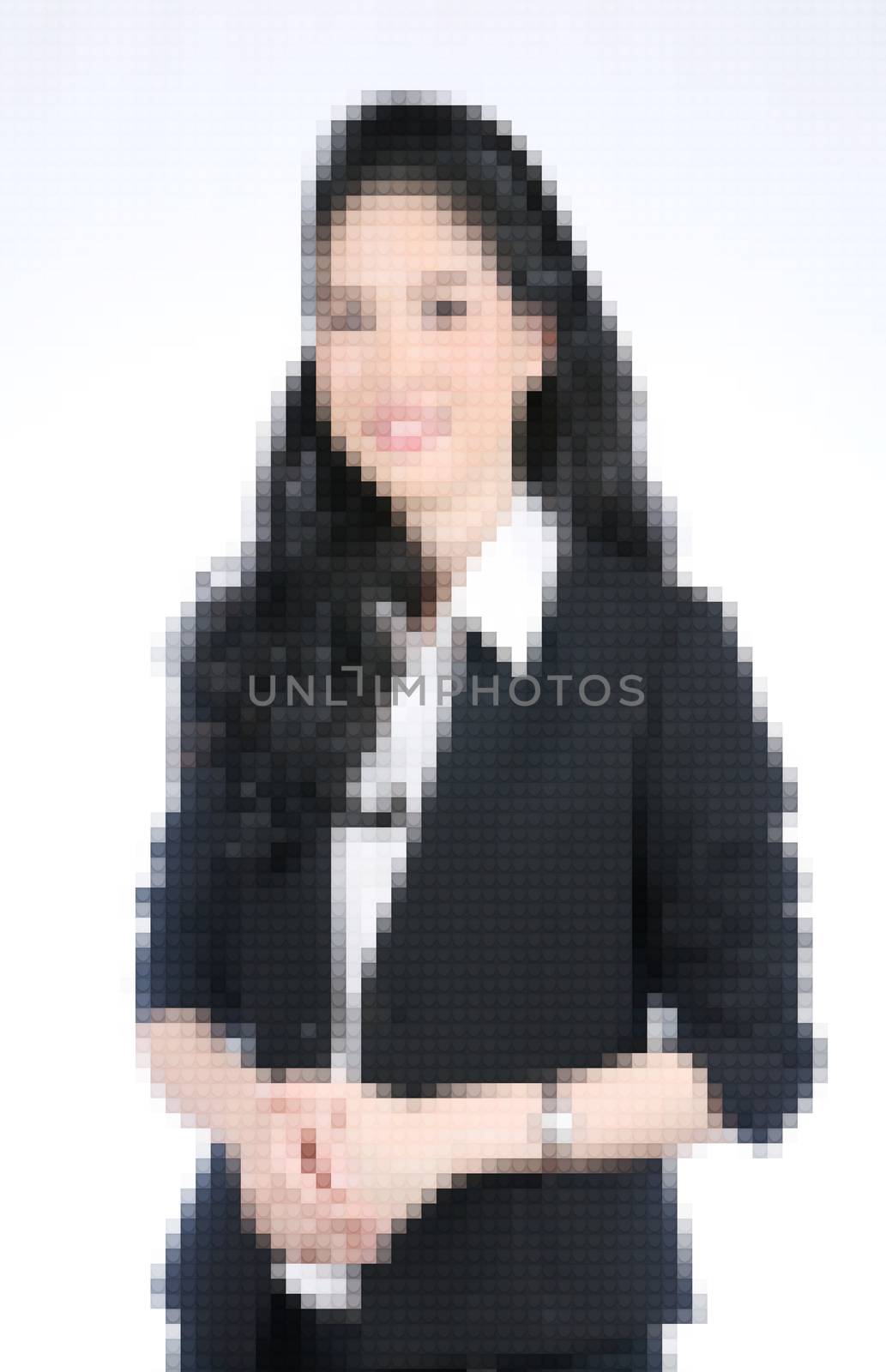 blurry asian business woman on white background in lego mosaic style