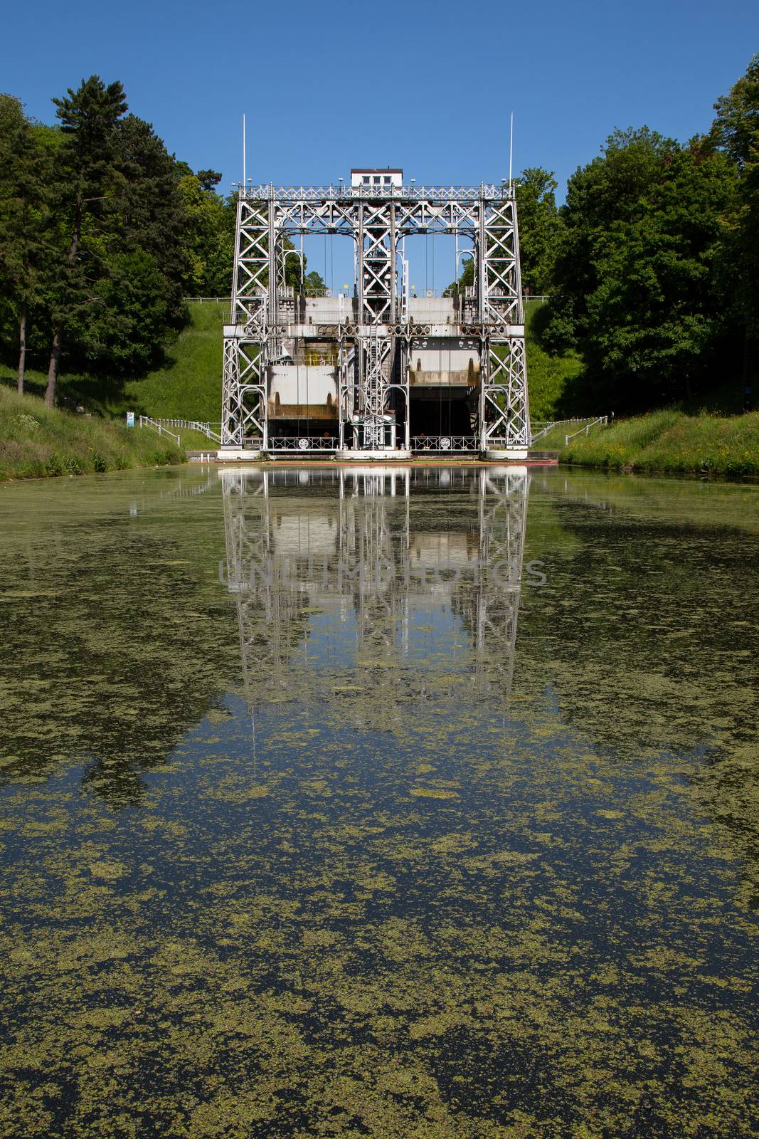 Old hydraulic boat lifts and historic Canal du Centre, Belgium, Unesco Heritage - The hydraulic lift of Strepy-Bracquegnies