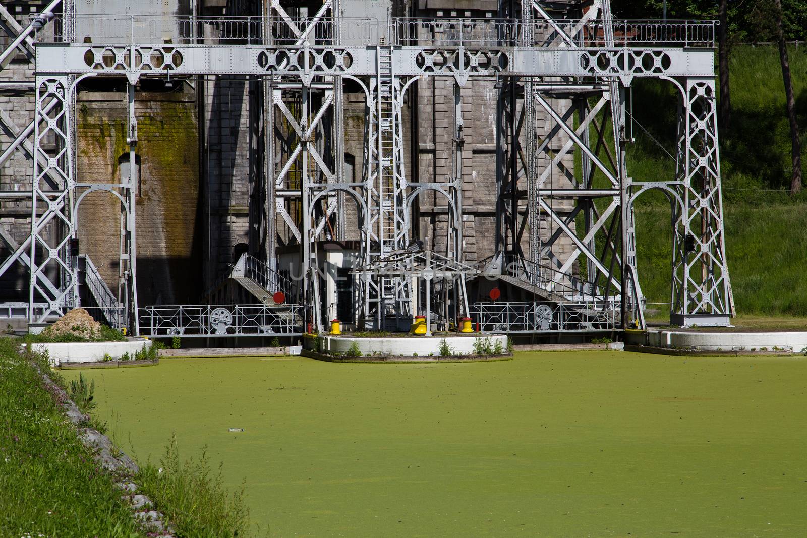 Old hydraulic boat lifts and historic Canal du Centre, Belgium, Unesco Heritage - The hydraulic lift of Strepy-Bracquegnies