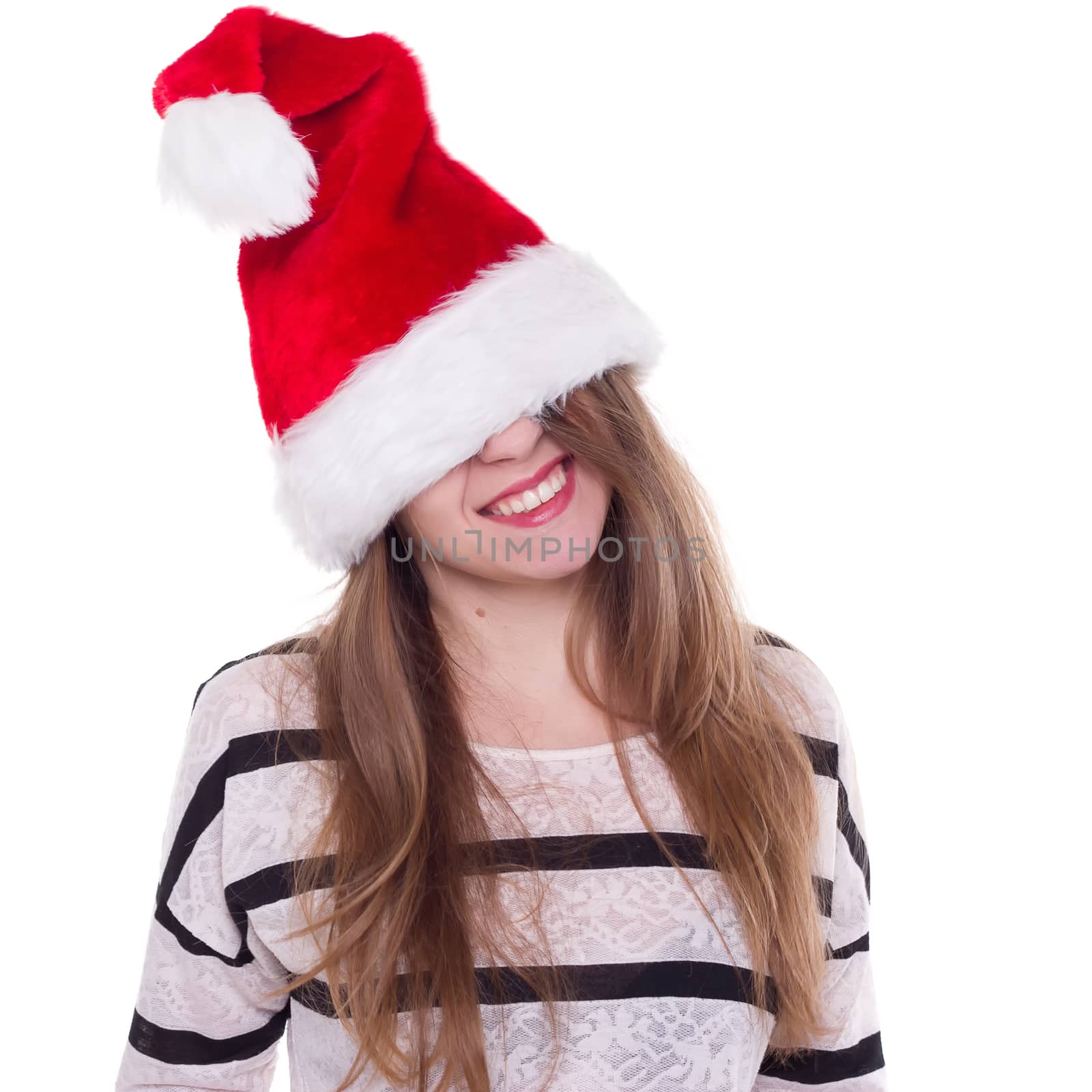 Expressive emotional girl in a Christmas hat on white background by victosha