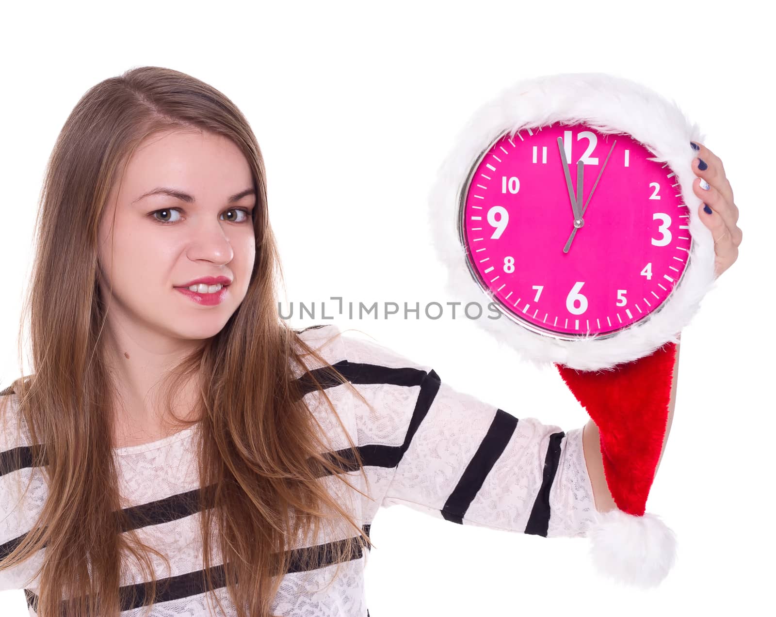 portrait of santa girl with clock over white background