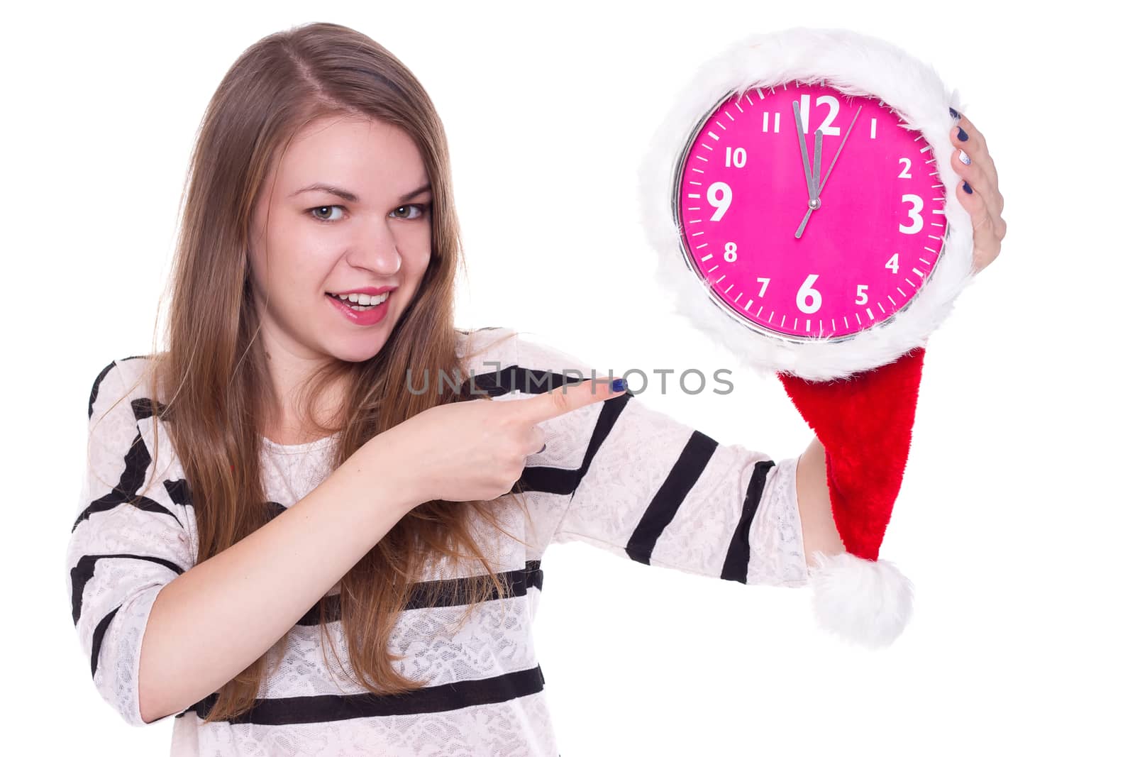 portrait of santa girl with clock over white background