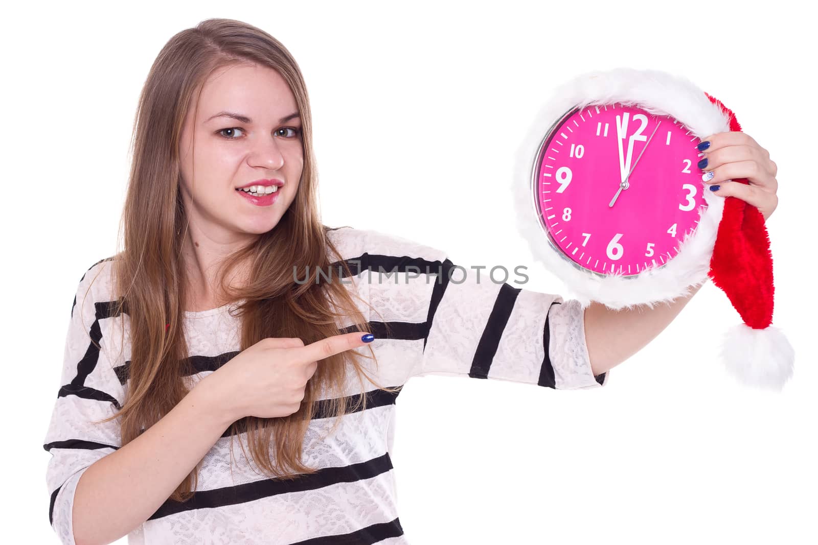 portrait of santa girl with clock. white background by victosha