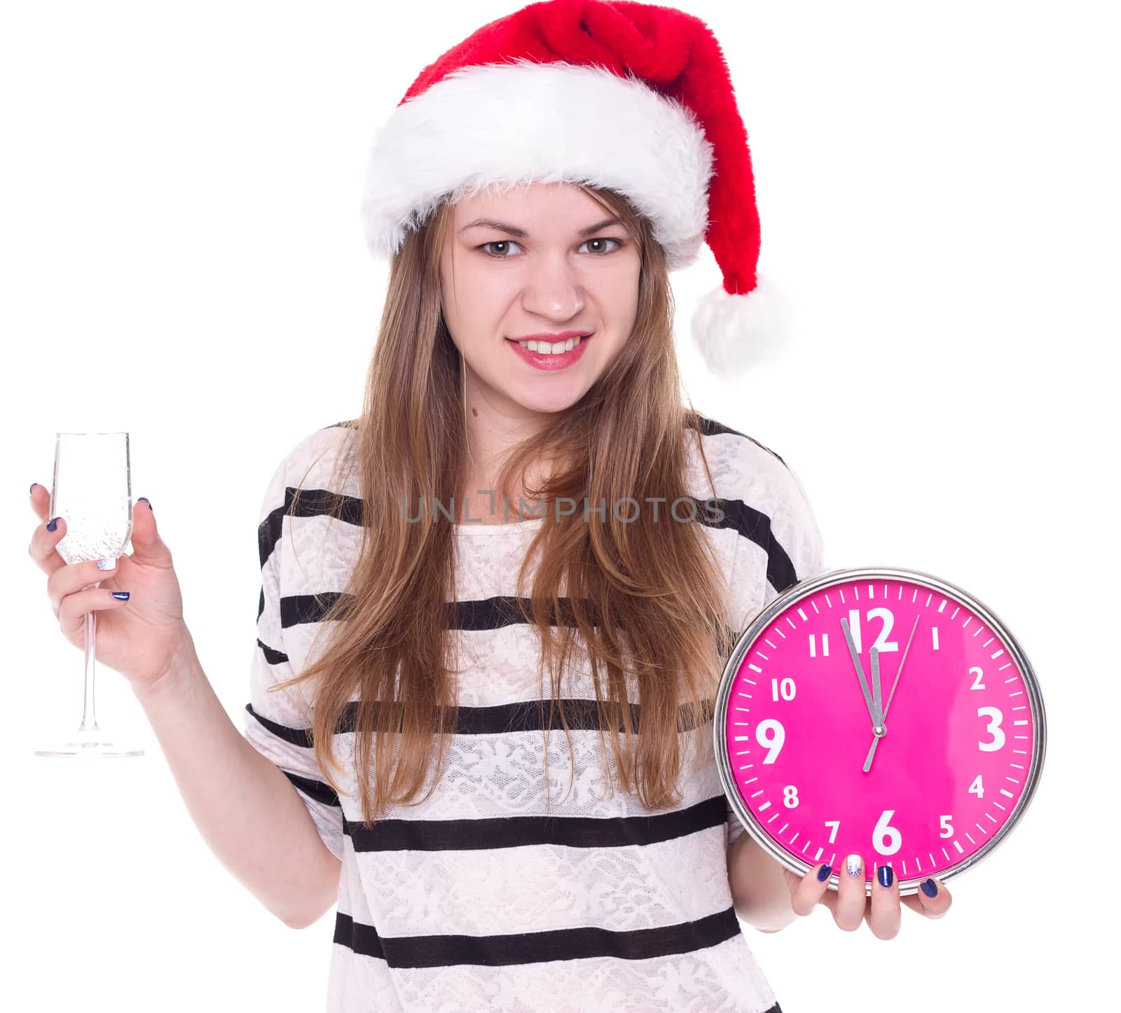 beautiful young woman with clock and glass of champagne, isolated on white