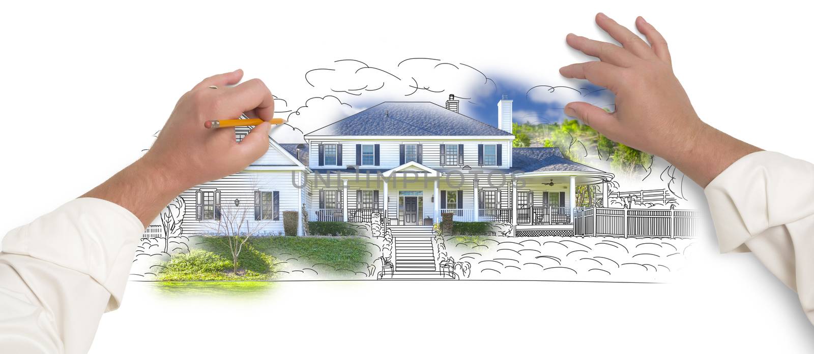 Male Hands Sketching House with Photo Showing Through by Feverpitched