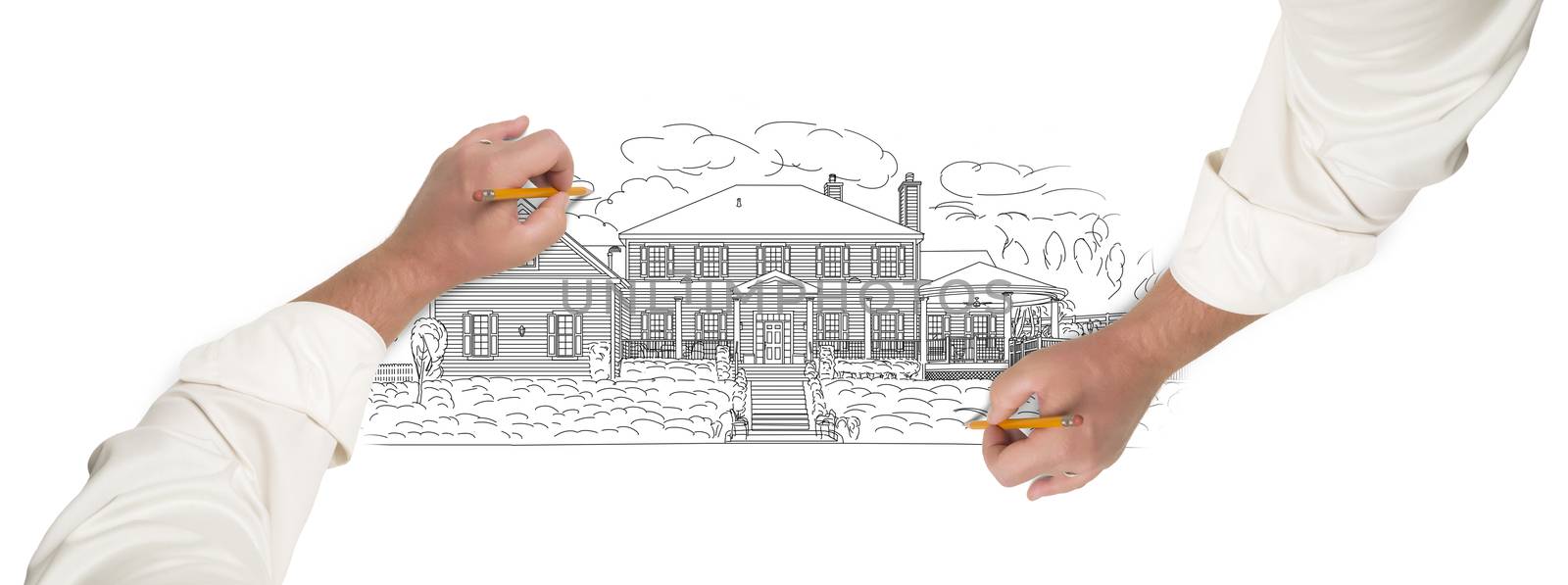 Male Hands Sketching with Pencil the Outline of a Beautiful House on White.