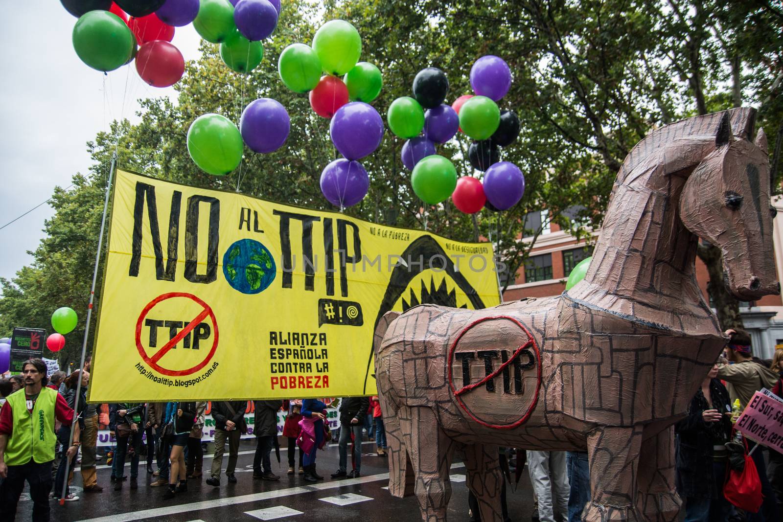 SPAIN, Madrid: A Trojan horse is displayed during a protest against the Transatlantic Trade and Investment Partnership in Madrid, Spain on October 17, 2015. Leaders are still reaching an agreement on the TTIP, a deal designed to boost the US economy and European Union by removing tariffs and other barriers to trade and foreign investment. Protesters argue the TTIP will support corporations at the expense of citizens, increase poverty and inequality and harm the environment. 