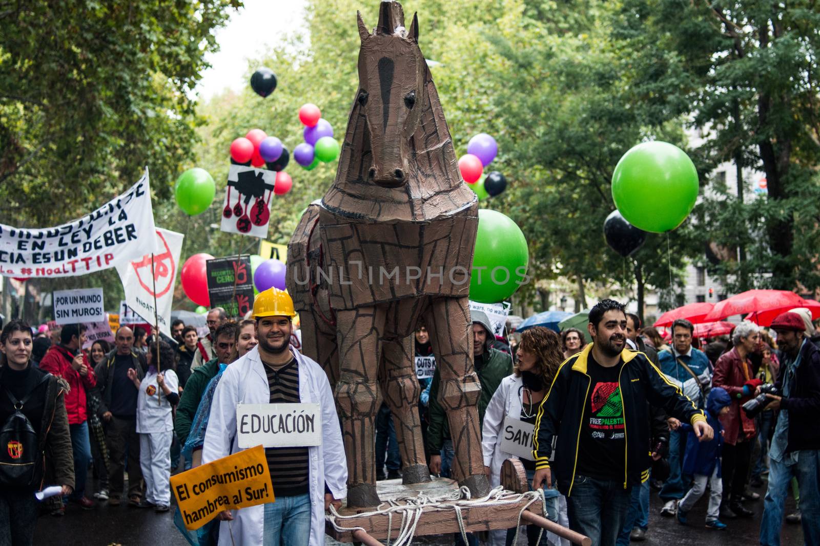 SPAIN, Madrid: A Trojan horse is displayed during a protest against the Transatlantic Trade and Investment Partnership in Madrid, Spain on October 17, 2015. Leaders are still reaching an agreement on the TTIP, a deal designed to boost the US economy and European Union by removing tariffs and other barriers to trade and foreign investment. Protesters argue the TTIP will support corporations at the expense of citizens, increase poverty and inequality and harm the environment. 