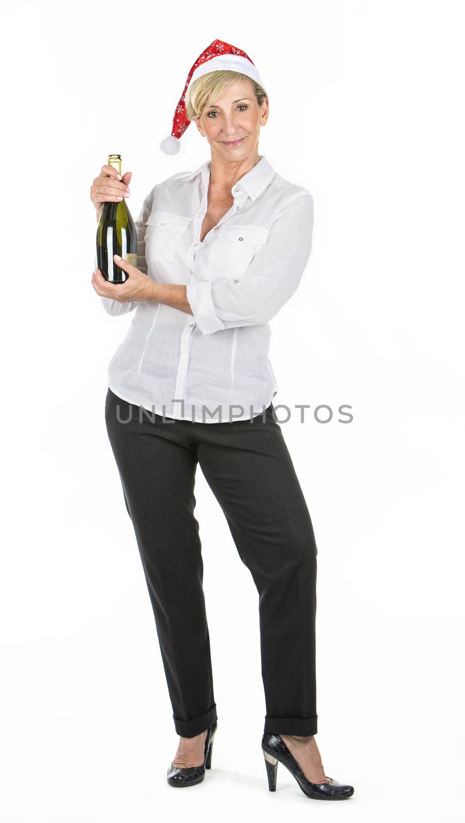 manager woman holding bottle of champagne at christmas