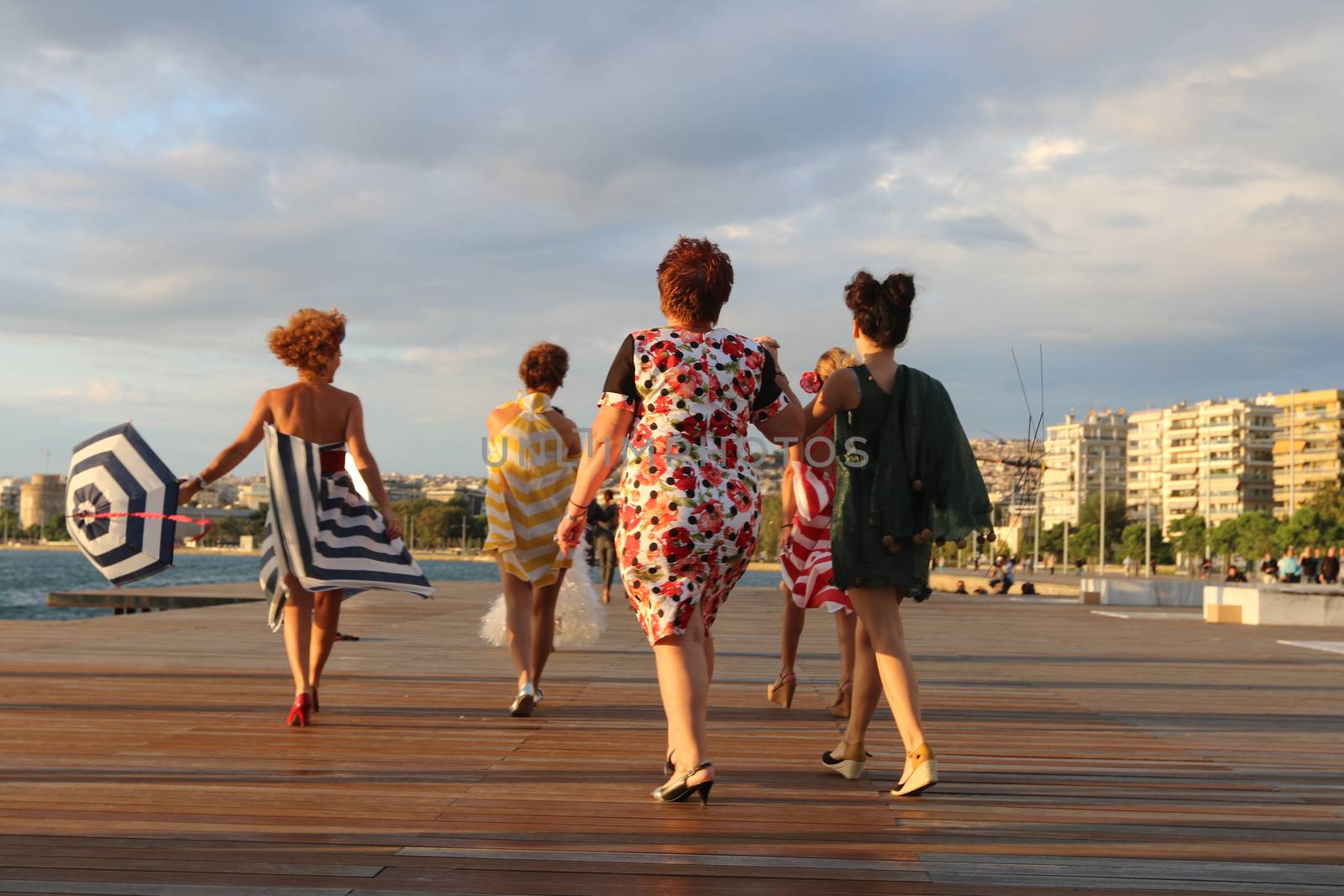 GREECE, Thessaloniki: A quirky outdoor fashion show with clothing made of recycled materials was held on the seafront promenade of Thessaloniki, northern Greece on September 28, 2015.	Professional designers, amateurs, fashionistas, architects and artists inspired by the city, the sea, the sky, the light and the colors of the New Promenade made unique creations from worthless items and recycled fabrics.