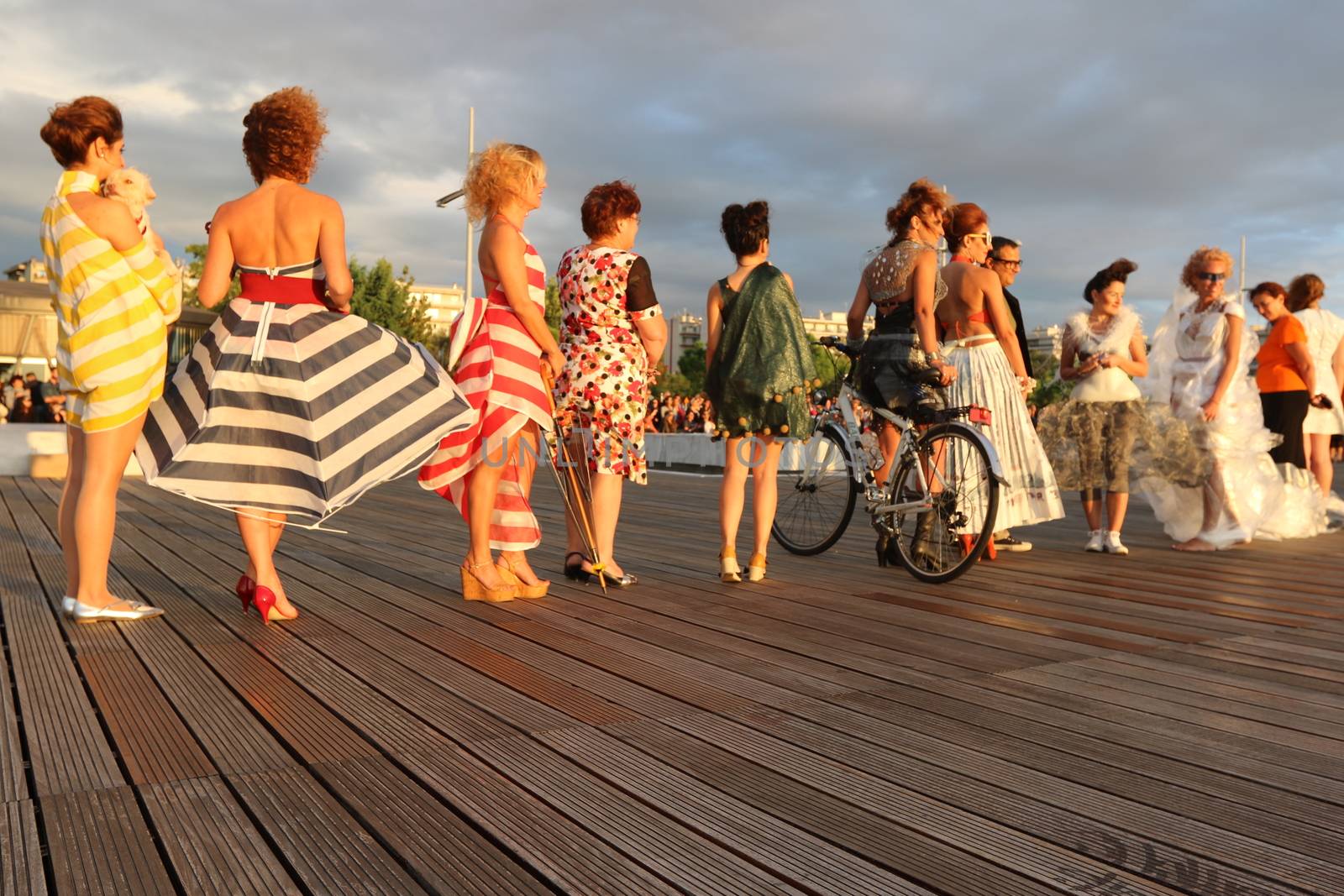 GREECE, Thessaloniki: A quirky outdoor fashion show with clothing made of recycled materials was held on the seafront promenade of Thessaloniki, northern Greece on September 28, 2015.	Professional designers, amateurs, fashionistas, architects and artists inspired by the city, the sea, the sky, the light and the colors of the New Promenade made unique creations from worthless items and recycled fabrics.