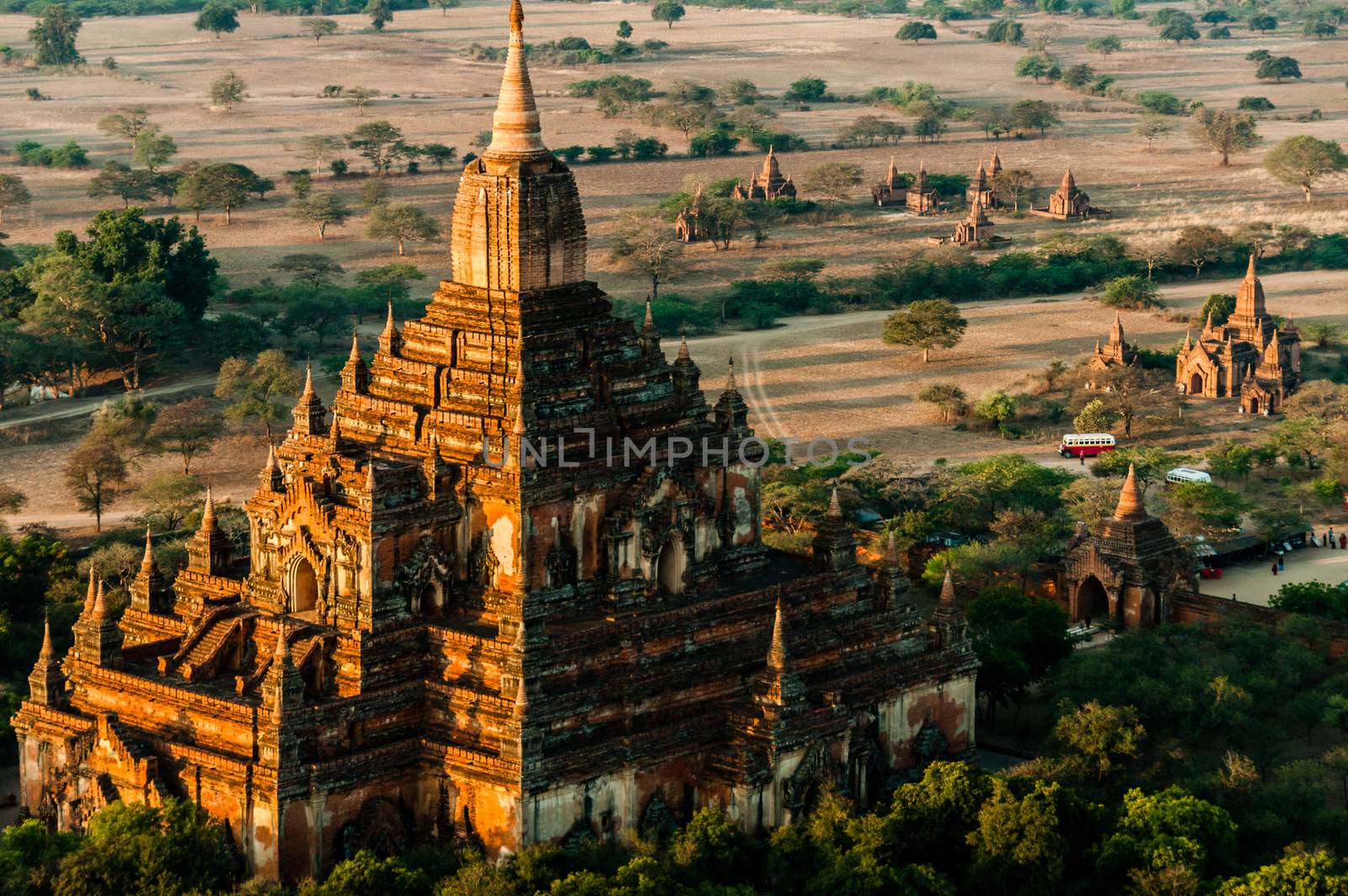 Impressive stone temple in Bagan Myanmar Burm. Seen from a hot air balloon