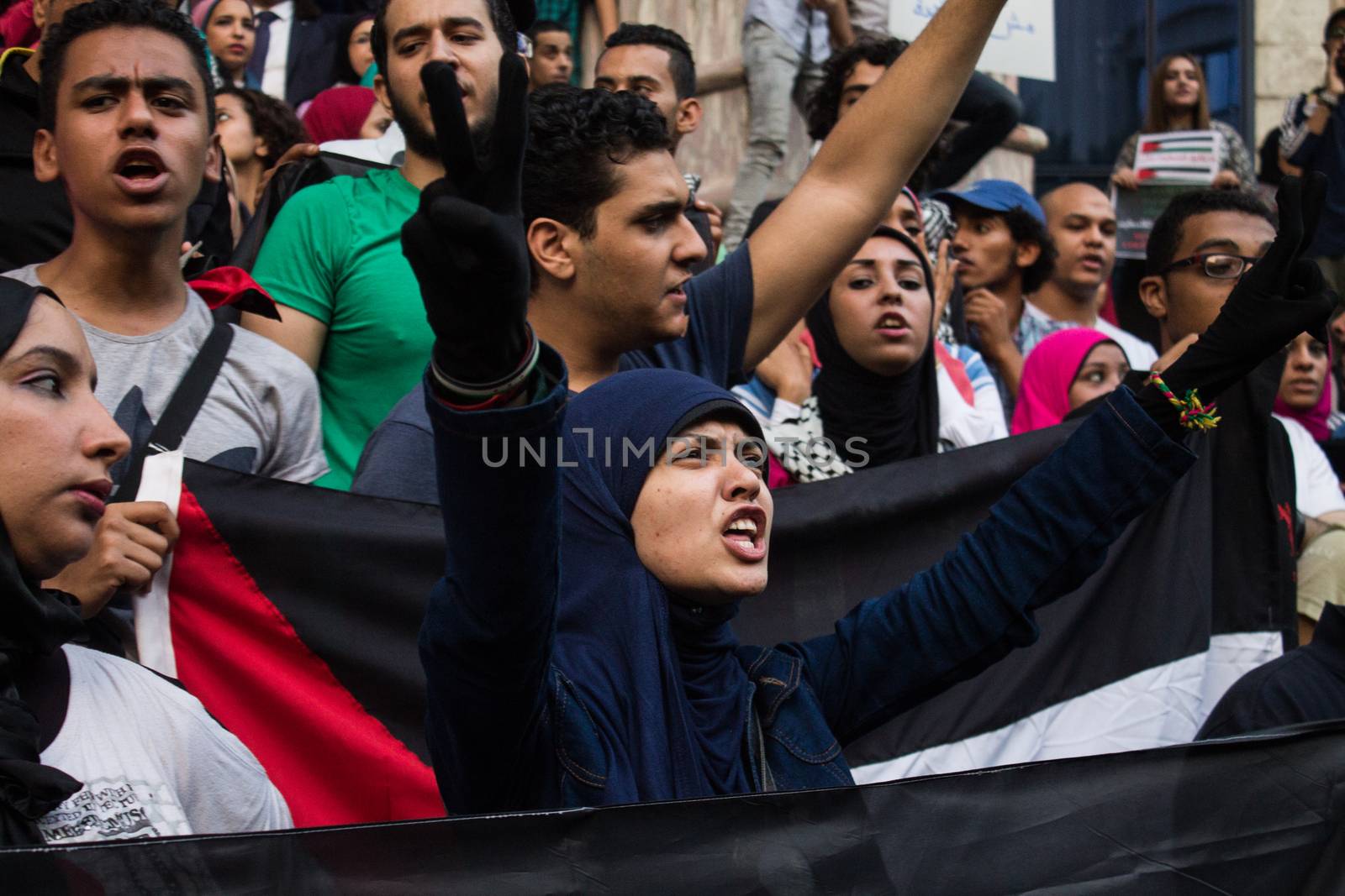 EGYPT, Cairo: Protesters gathered outside the Syndicate of Journalists building in Cairo, Egypt on October 18, 2015 in a show of support for Palestinians. The activists demonstrated against the recent attacks in Jerusalem, the West Bank and Gaza. They raised the flag of Palestine as some people stood on Israel's flag in anger.