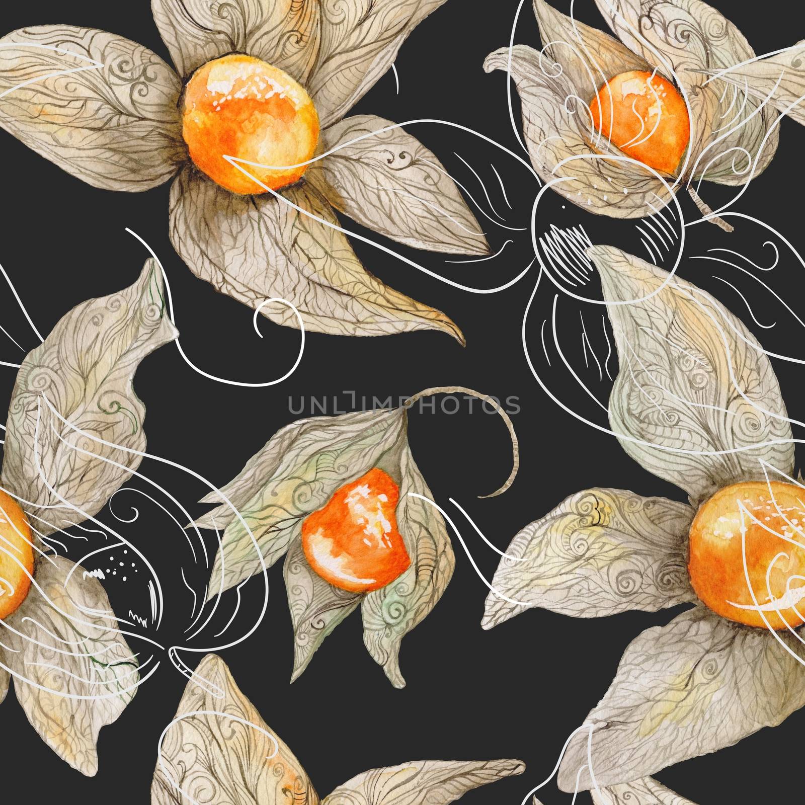 Colored aquarelle seamless texture with bright orange berries and pastel ornamental leafs on black background for menu, kitchen, cafe design