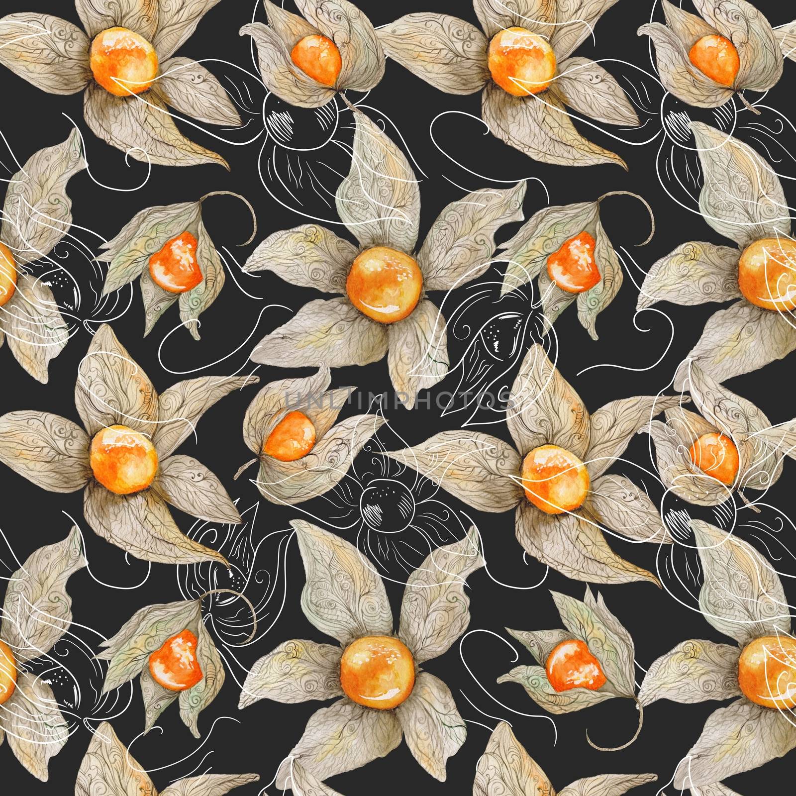 Colored aquarelle seamless texture with bright orange berries and pastel ornamental leafs on black background for menu, kitchen, cafe design