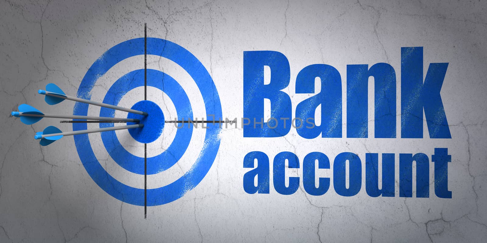 Success money concept: arrows hitting the center of target, Blue Bank Account on wall background
