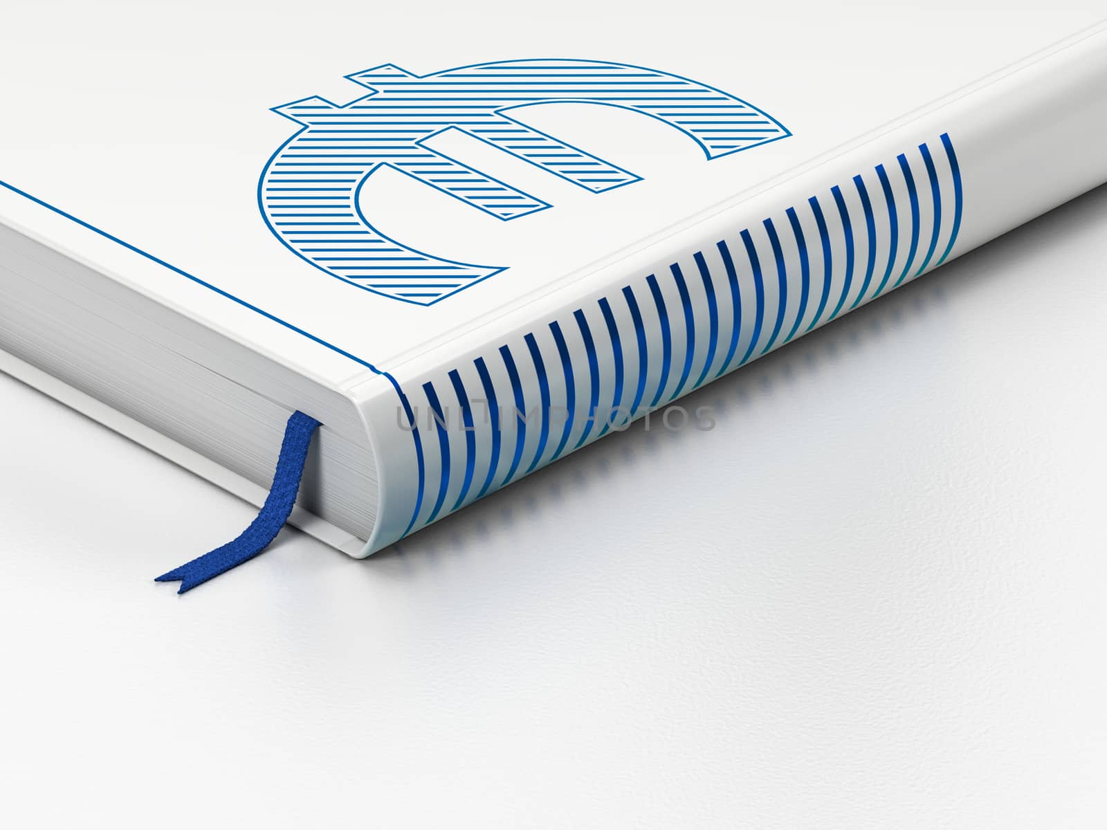 Money concept: closed book with Blue Euro icon on floor, white background, 3d render