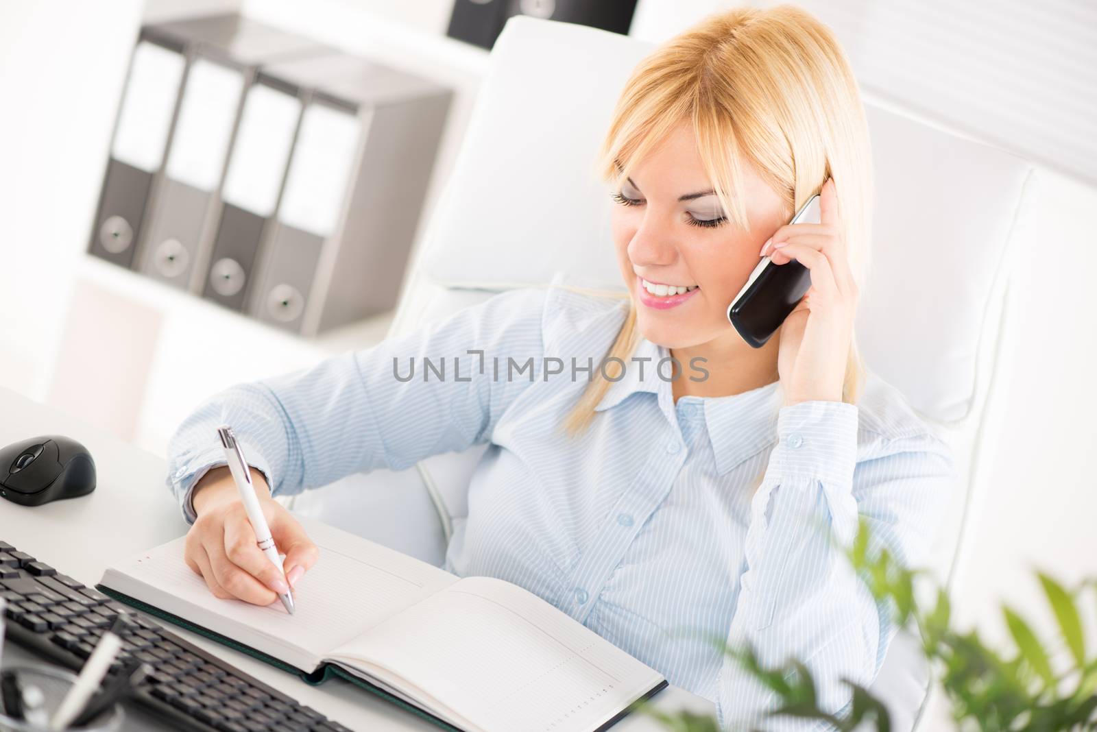 Beautiful Businesswoman telephoning and working in the office.