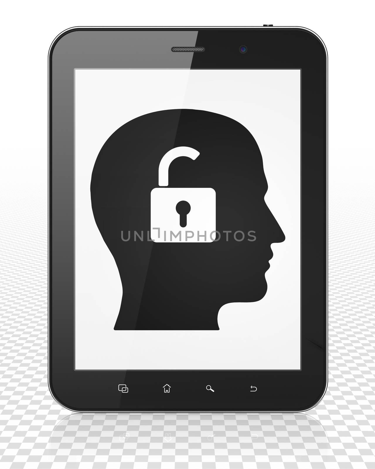 Business concept: Tablet Pc Computer with black Head With Padlock icon on display