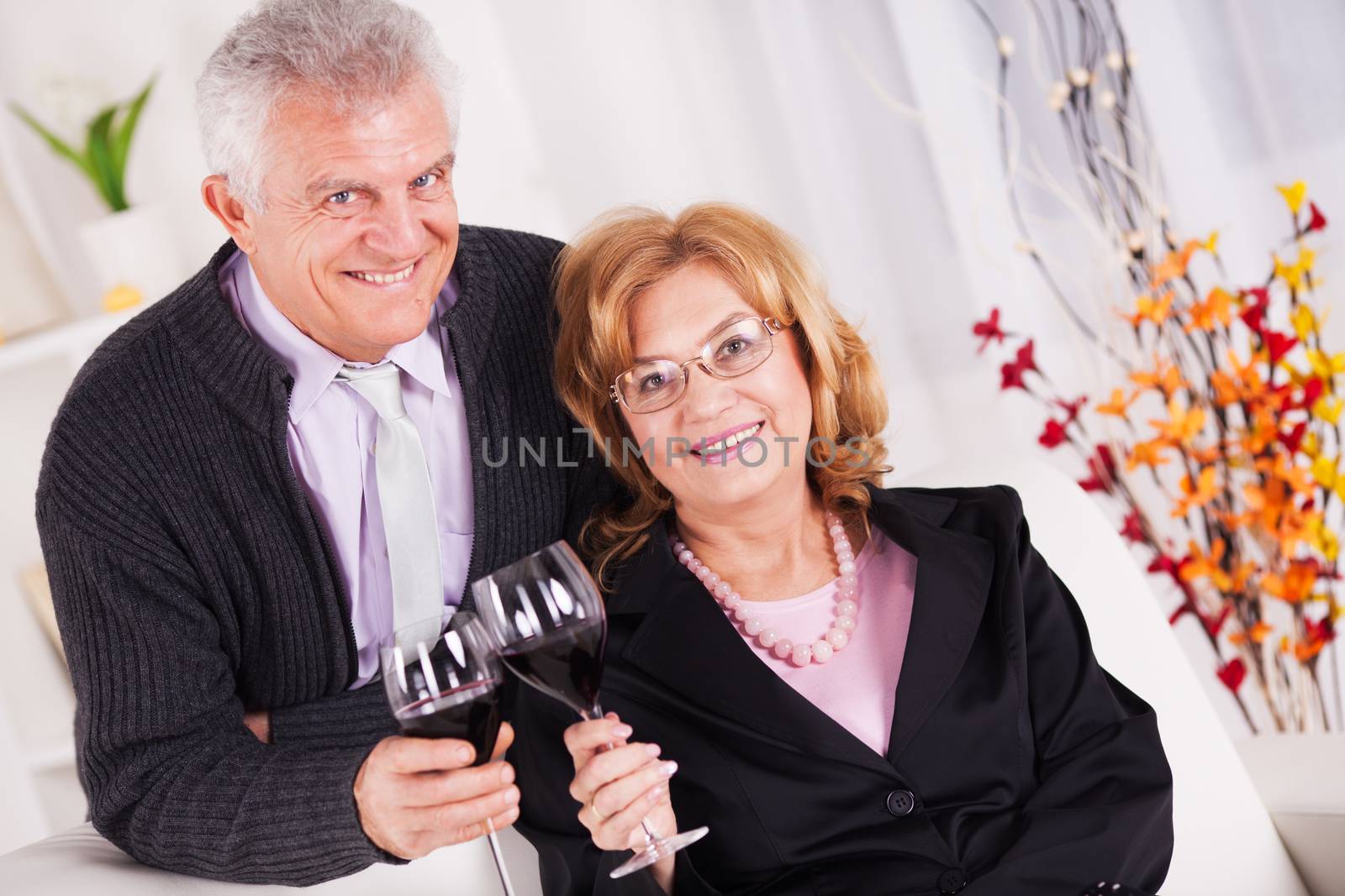 Senior couple in home interior enjoying in glass of wine.