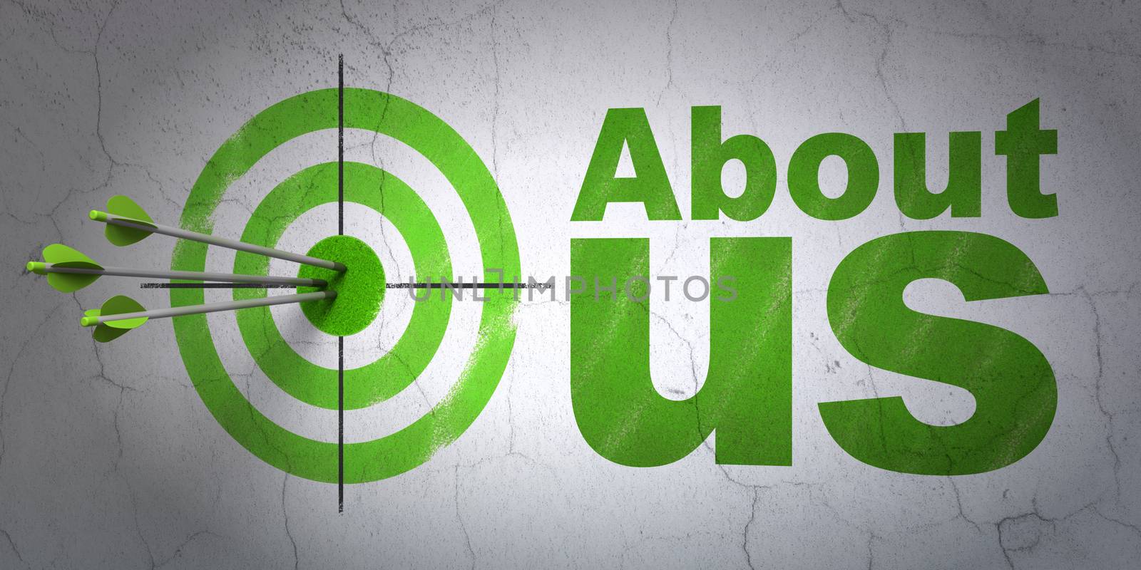 Success advertising concept: arrows hitting the center of target, Green About Us on wall background