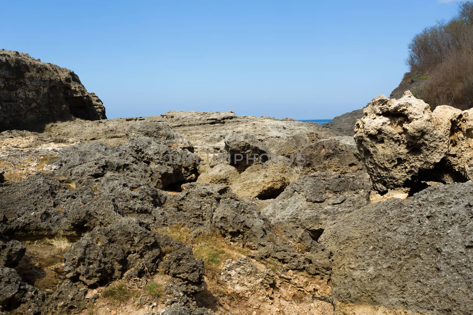 dream coastline at Bali, near Manta Point famous Diving place, Nusa Penida with blue sky
