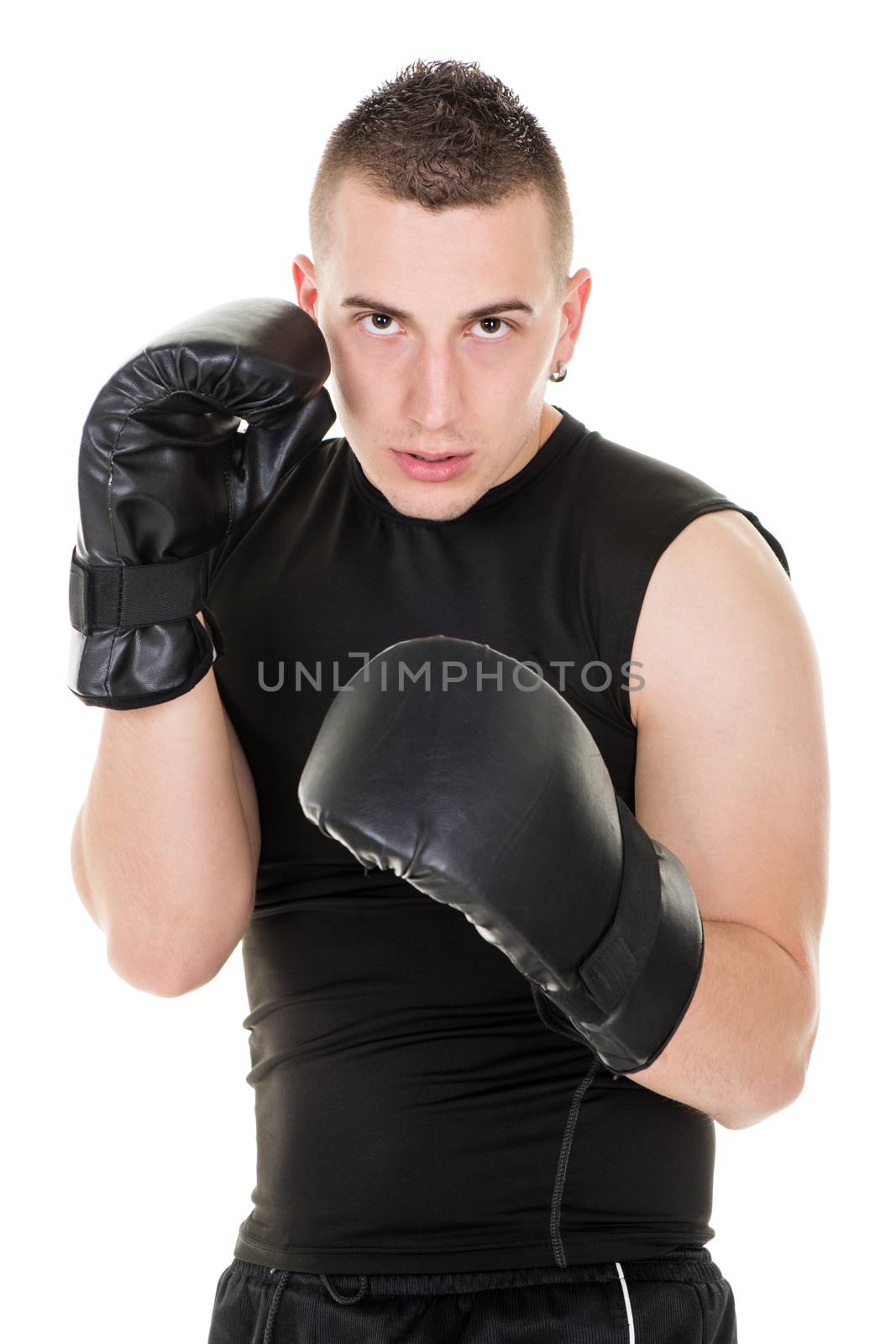 Portrait of Young boxing man standing with a guard ready to punch.