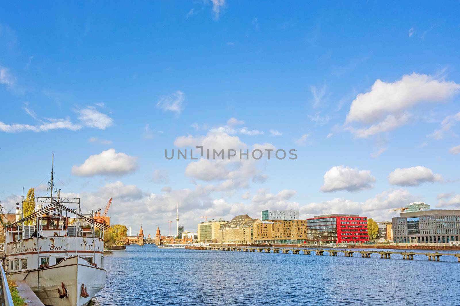 Berlin, Germany - October 29, 2013: Skyline of Berlin with view of the TV Tower at Alexanderplatz square and Bridge Oberbaumbruecke