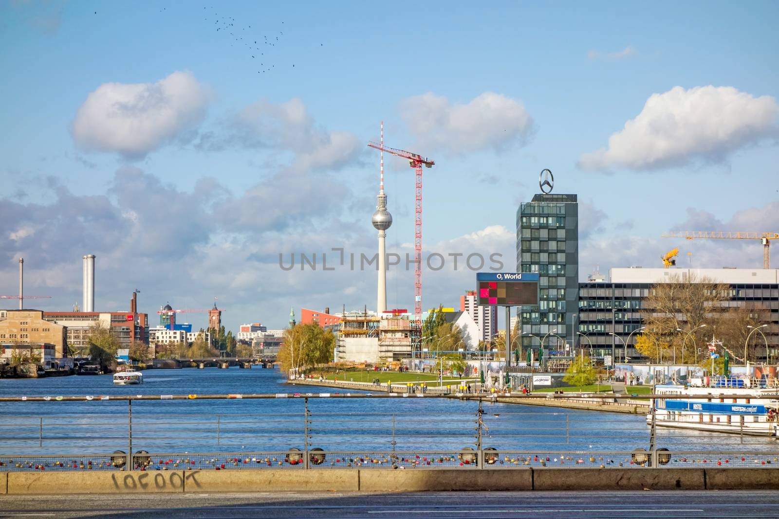 Berlin, Germany - October 29, 2013: Skyline of Berlin with view of the TV Tower at Alexanderplatz square and Bridge Oberbaumbruecke