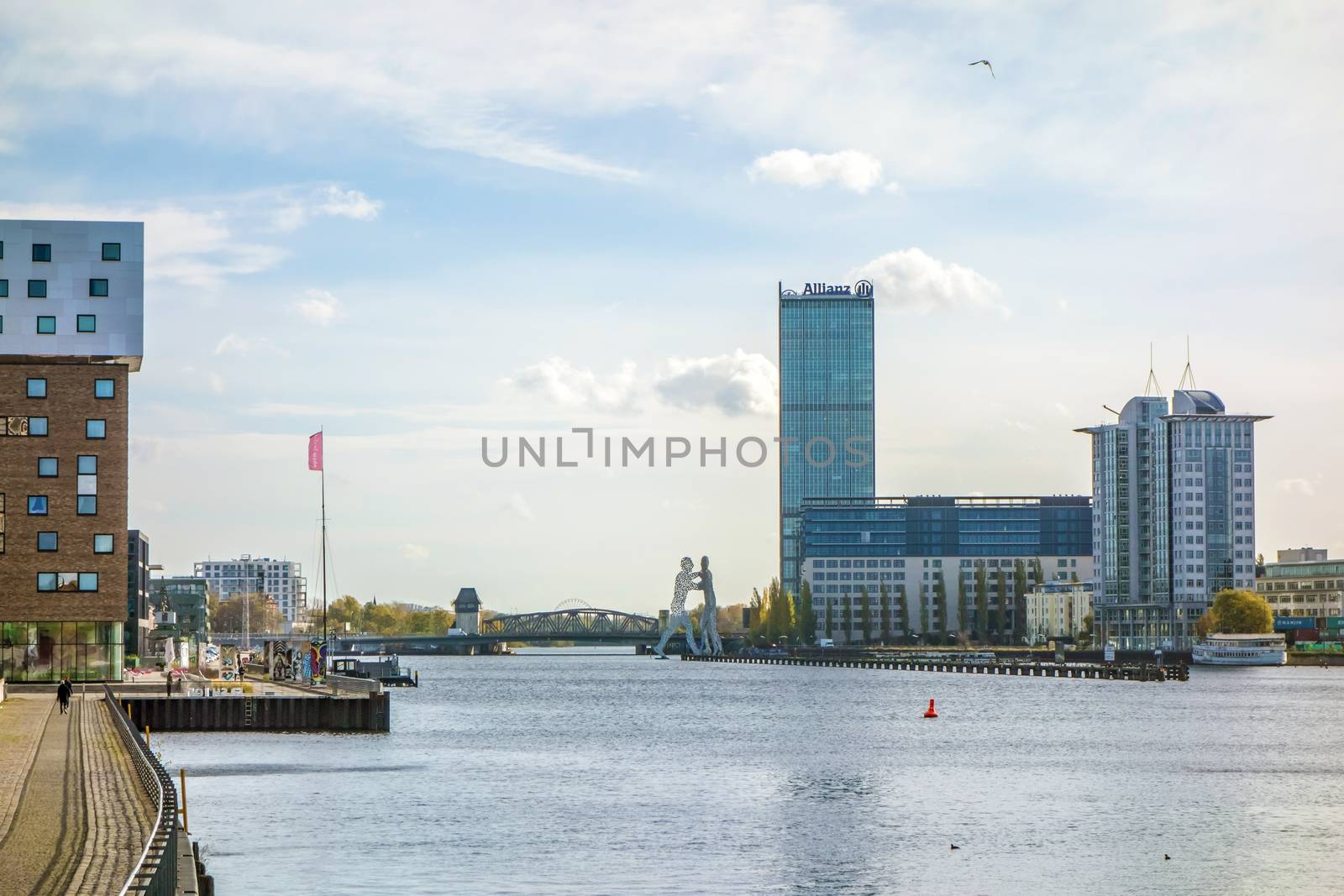Berlin, Germany - October 29, 2013: View of river Spree from bridge Oberbaumbruecke towards Treptower Park.
