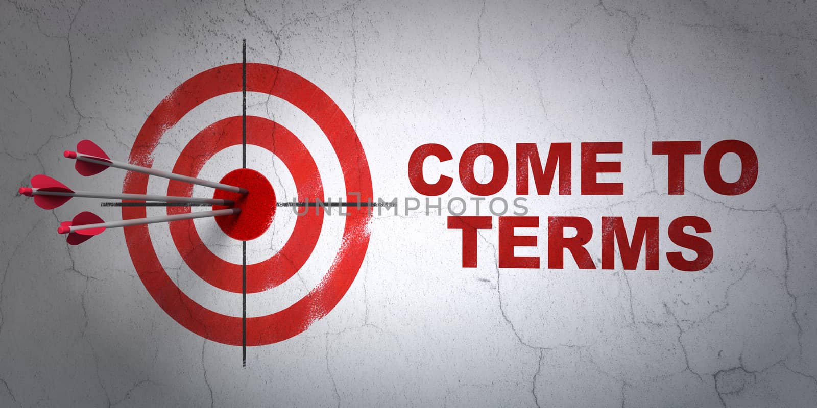 Success law concept: arrows hitting the center of target, Red Come To Terms on wall background