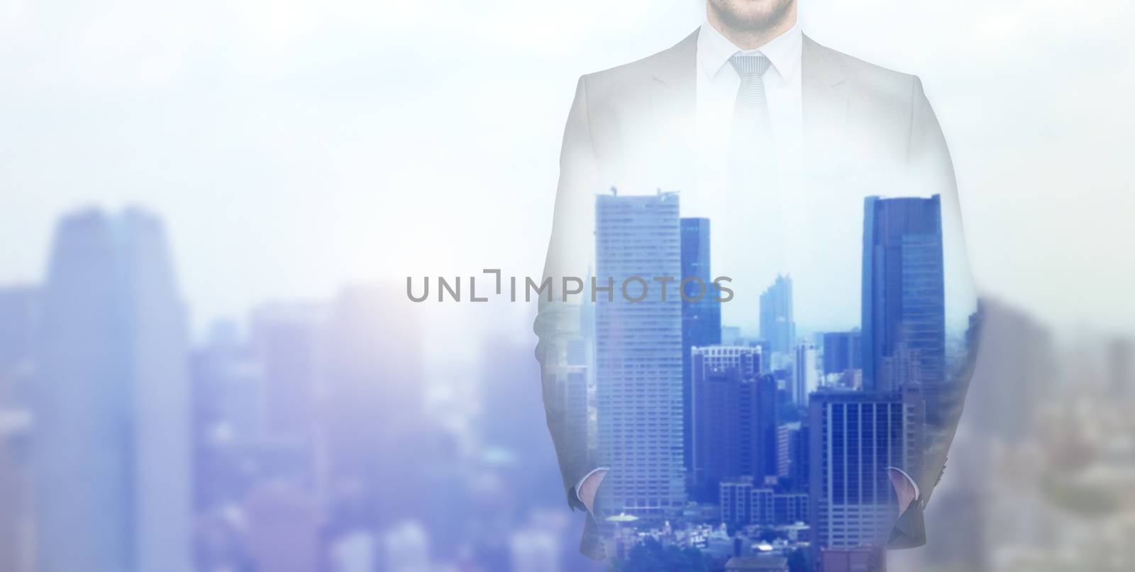 business, people and technology concept - close up of businessman over city background