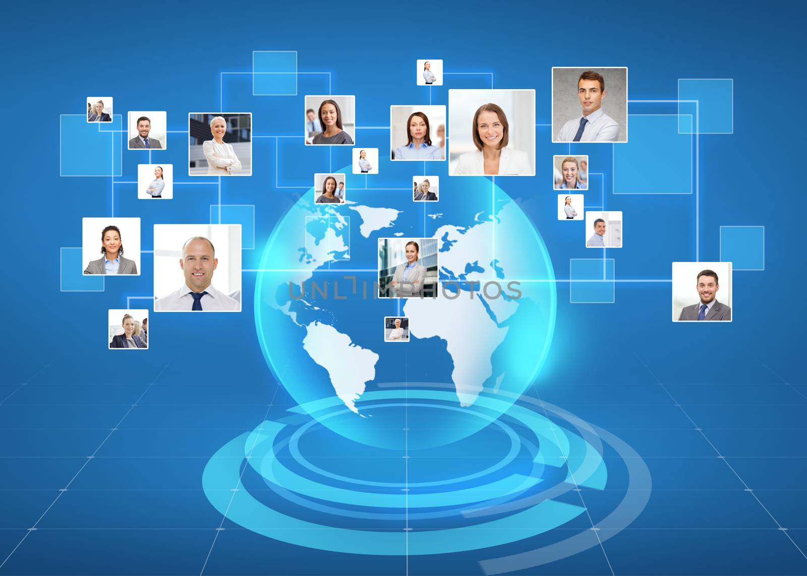 business, people, social network and head hunting concept - pictures of businesspeople over world map and blue background