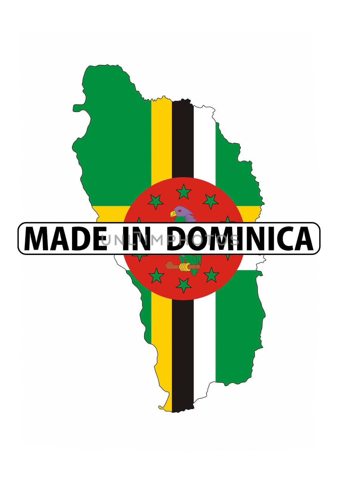 made in dominica country national flag map shape with text