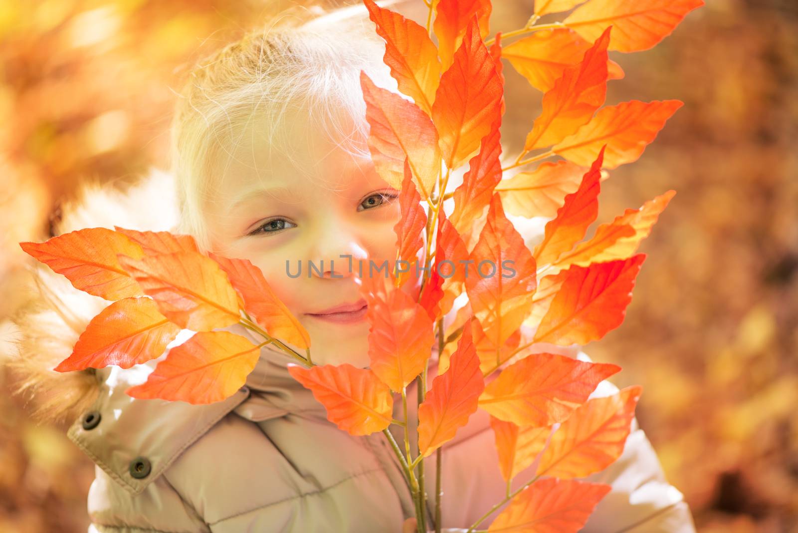 Portrait of cute little girl on beautiful autumn day.