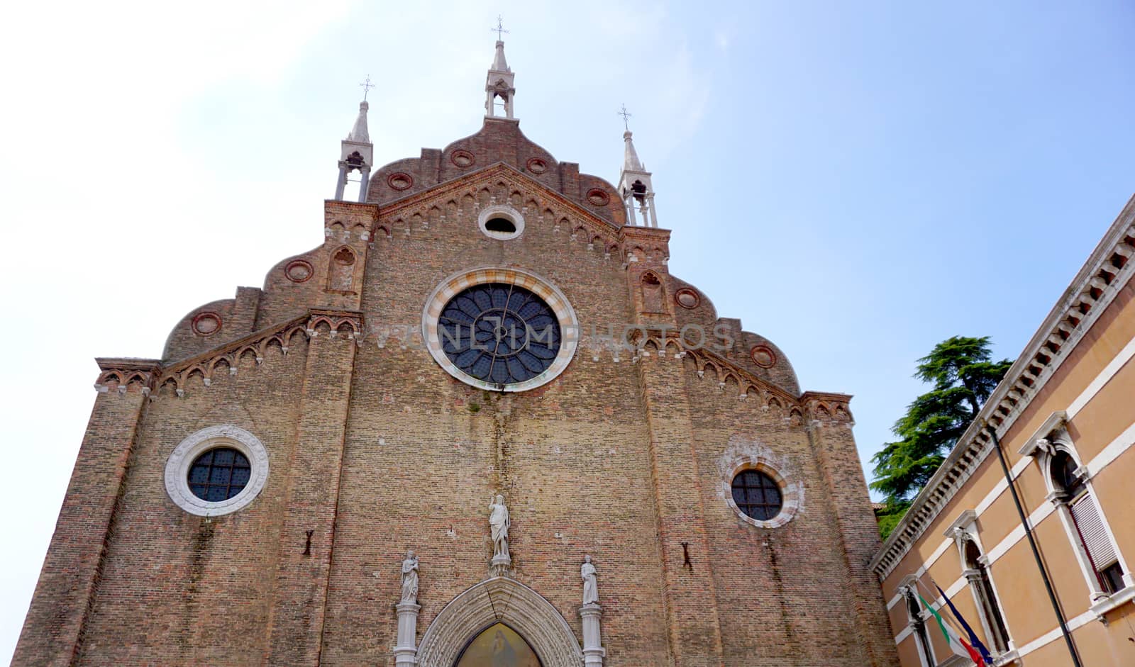 Historical church Santa maria front building in old town city Venice, Italy