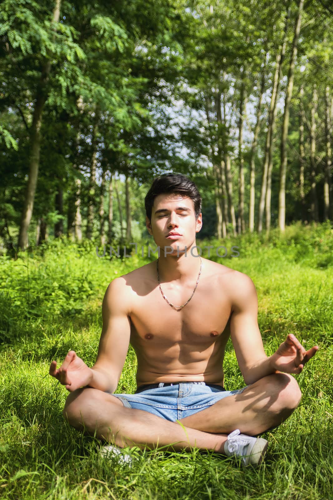 Handsome Shirtless Young Man During Meditation or Doing an Outdoor Yoga Exercise Sitting Cross Legged on Grassy Ground Alone in Woods