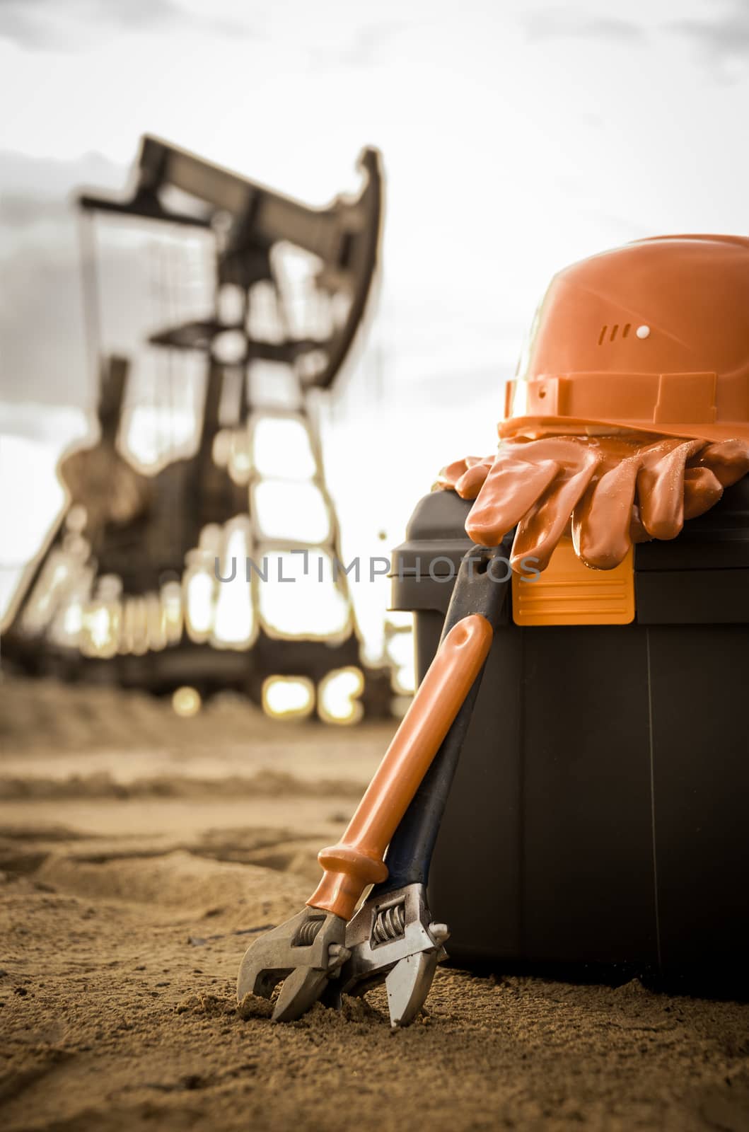 Equipment and tool box on a industrial site background. Oil and gas industry. Small depth of field. Toned.