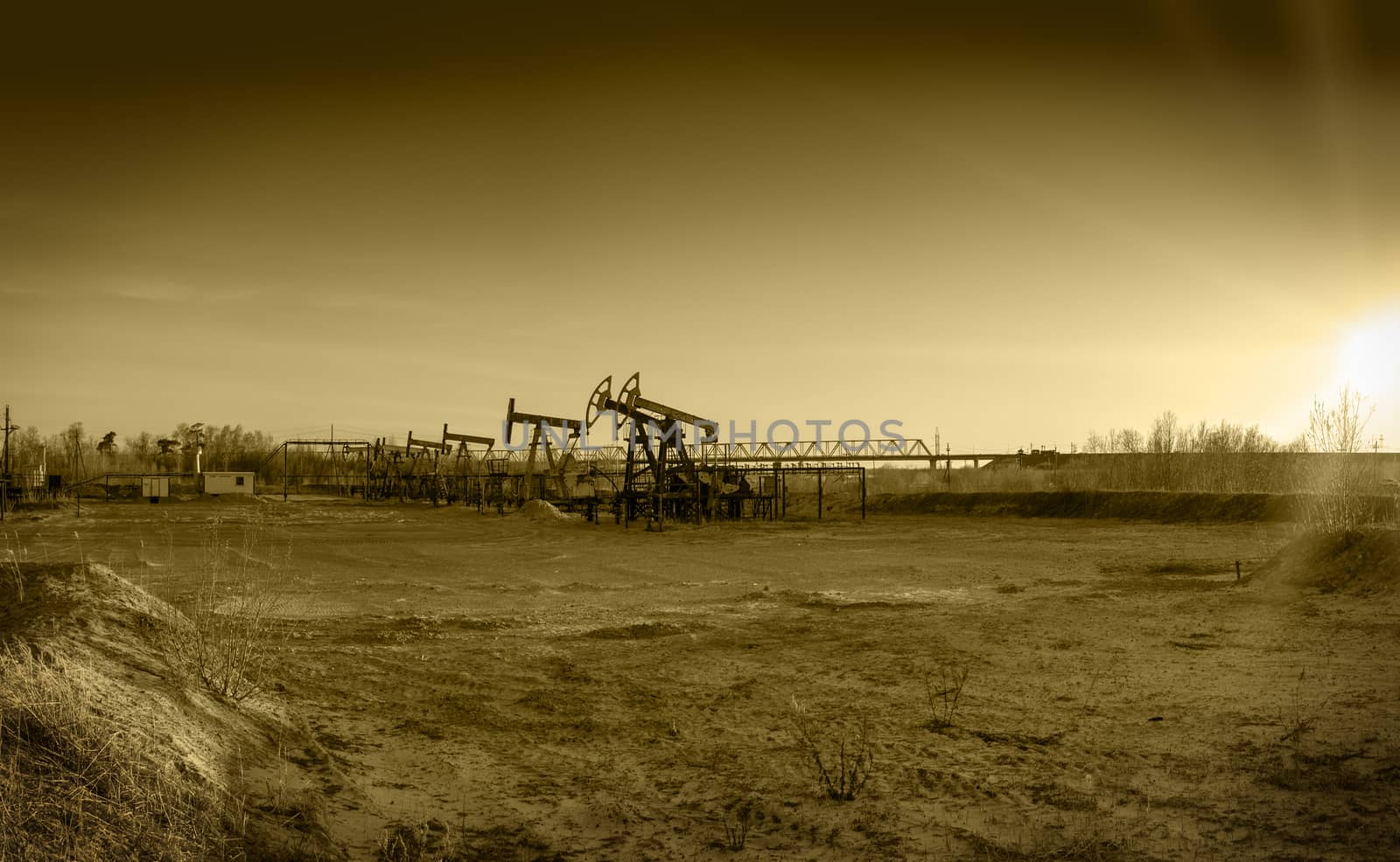 Pump jack group and wellheads. Extraction of oil. Toned.